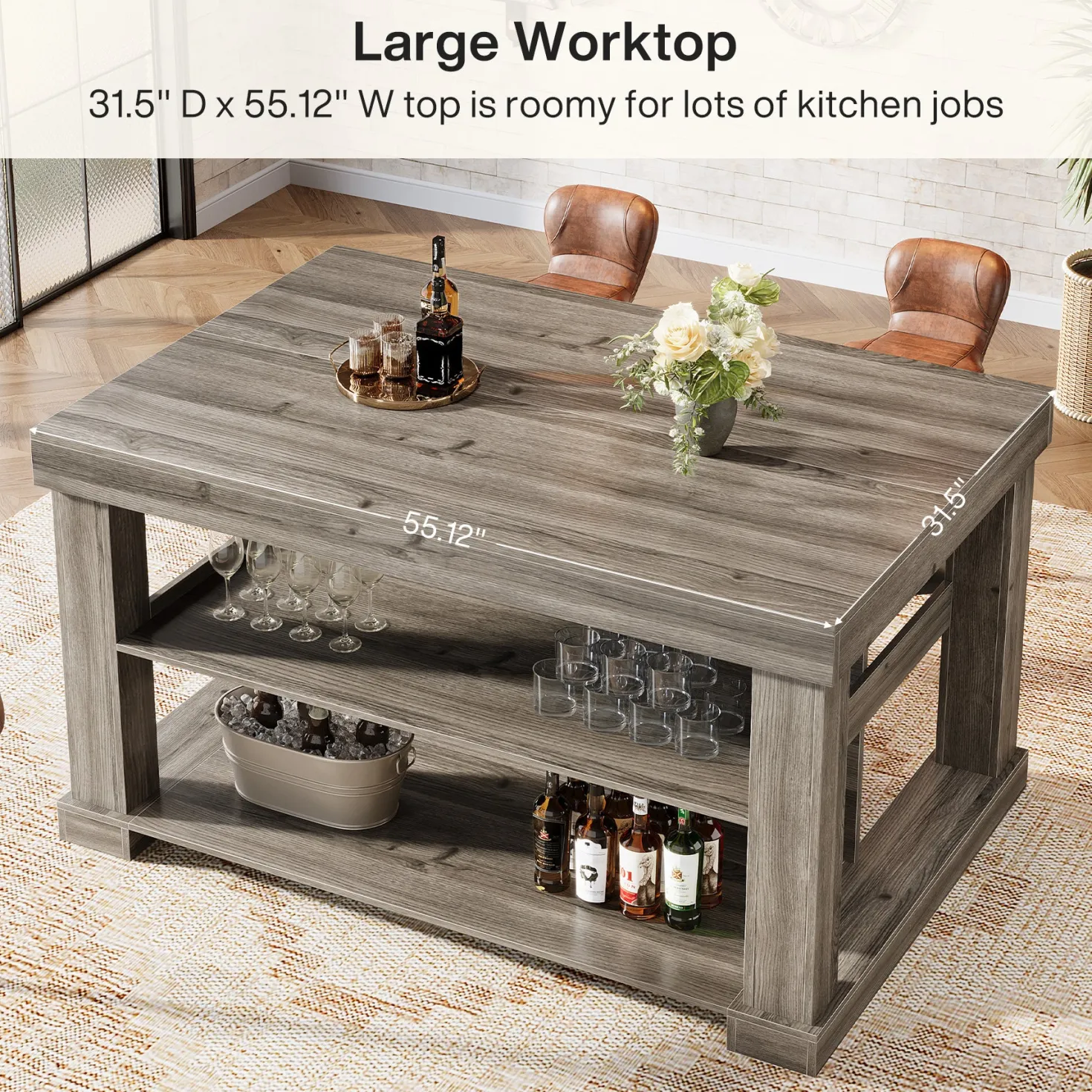55" Kitchen Island, Farmhouse Stationary Island Unit with 2-Tier Storage