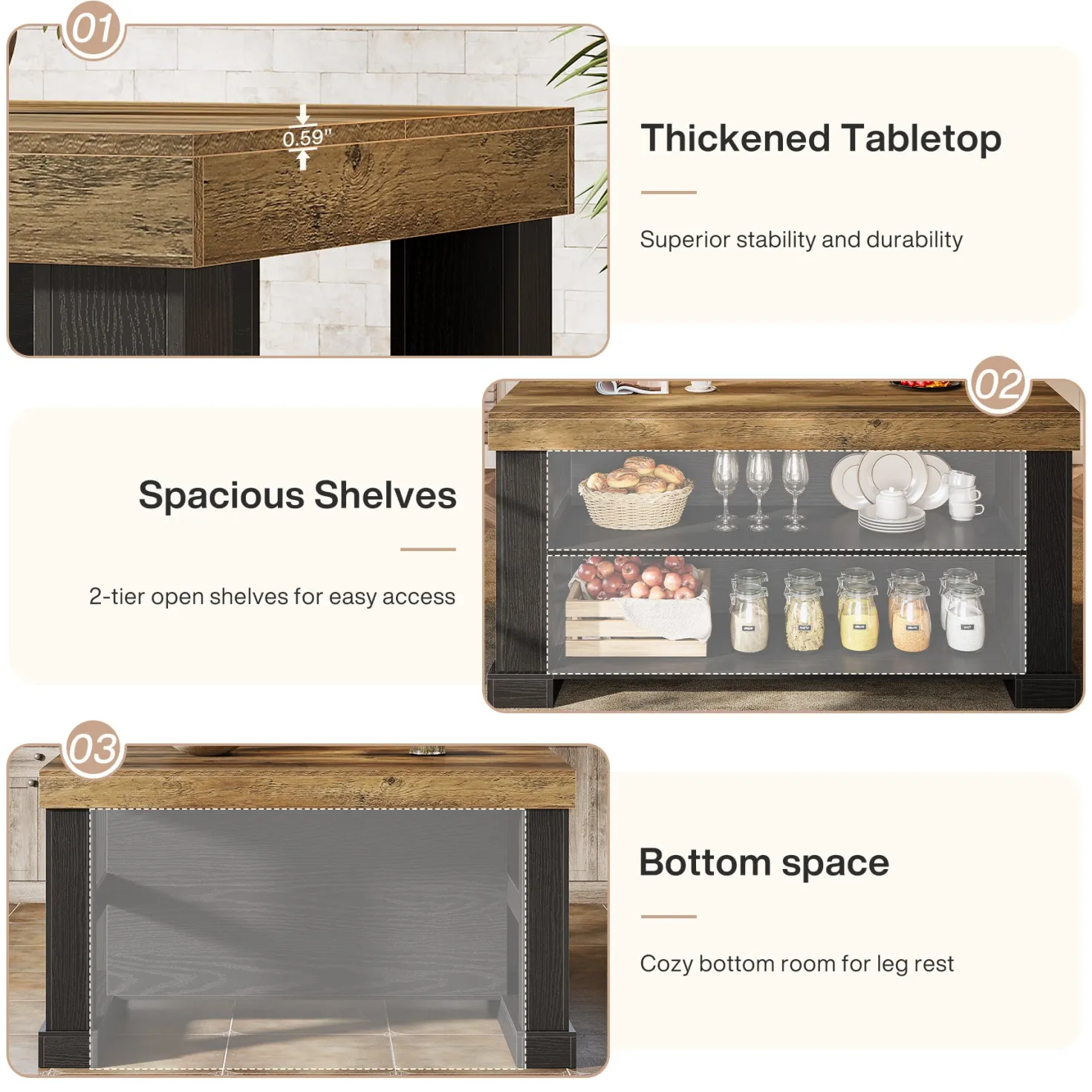 55" Kitchen Island, Farmhouse Stationary Island Unit with 2-Tier Storage