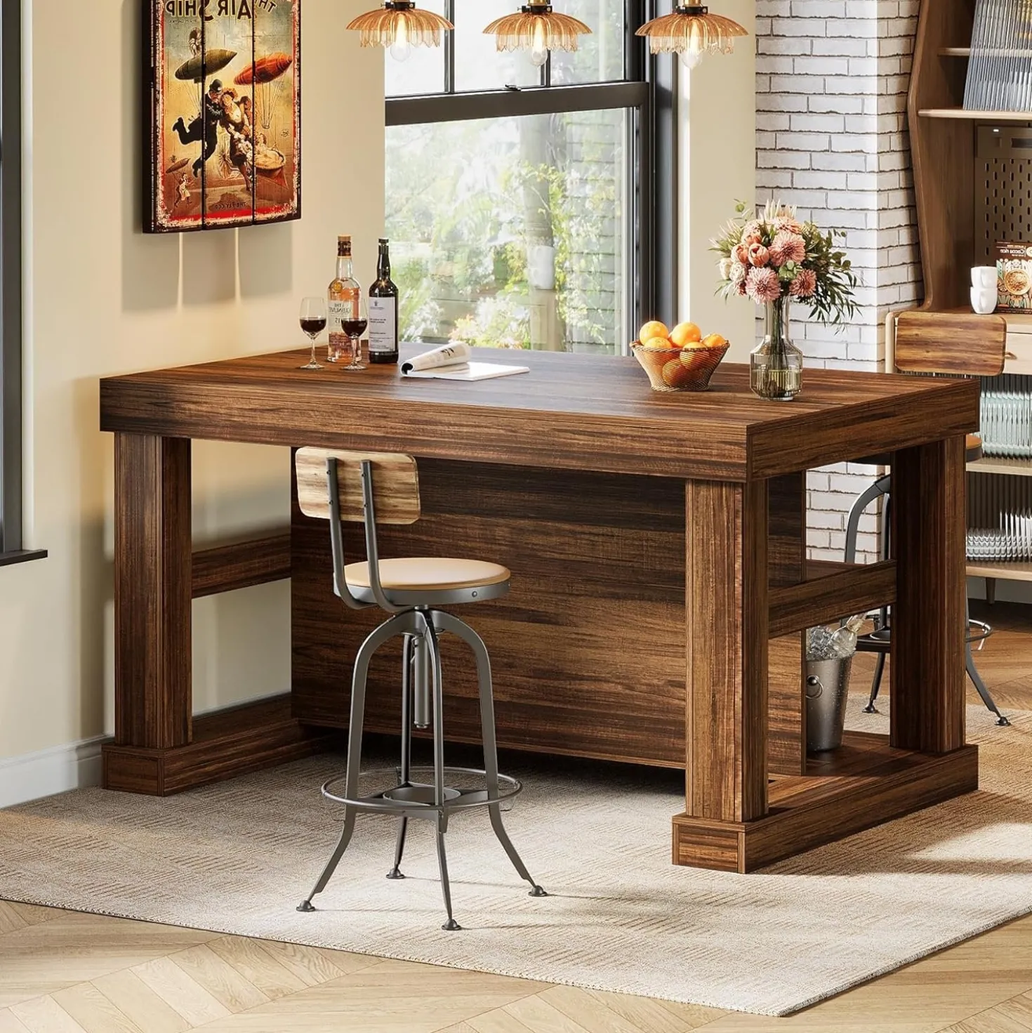 55" Kitchen Island, Farmhouse Stationary Island Unit with 2-Tier Storage