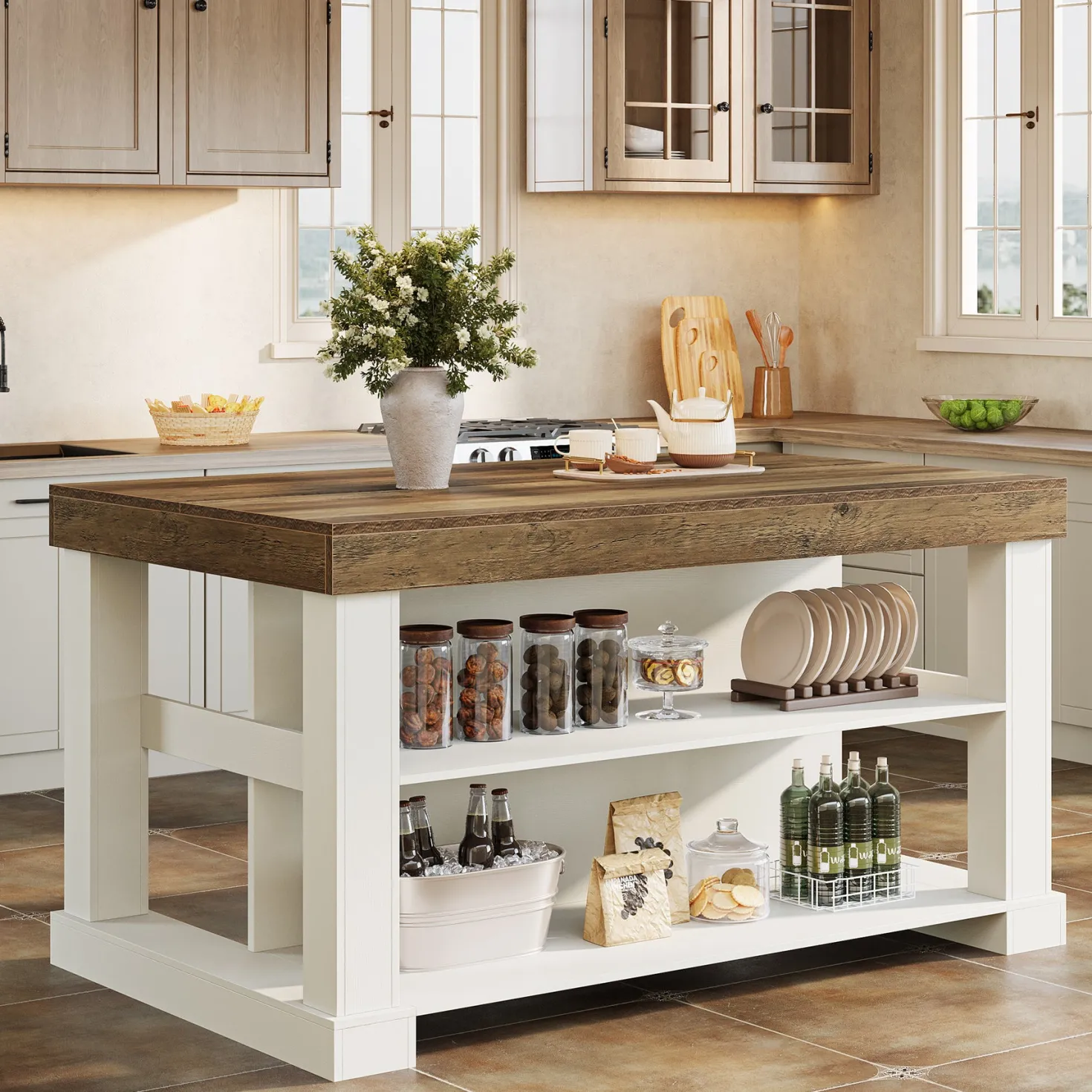 55" Kitchen Island, Farmhouse Stationary Island Unit with 2-Tier Storage
