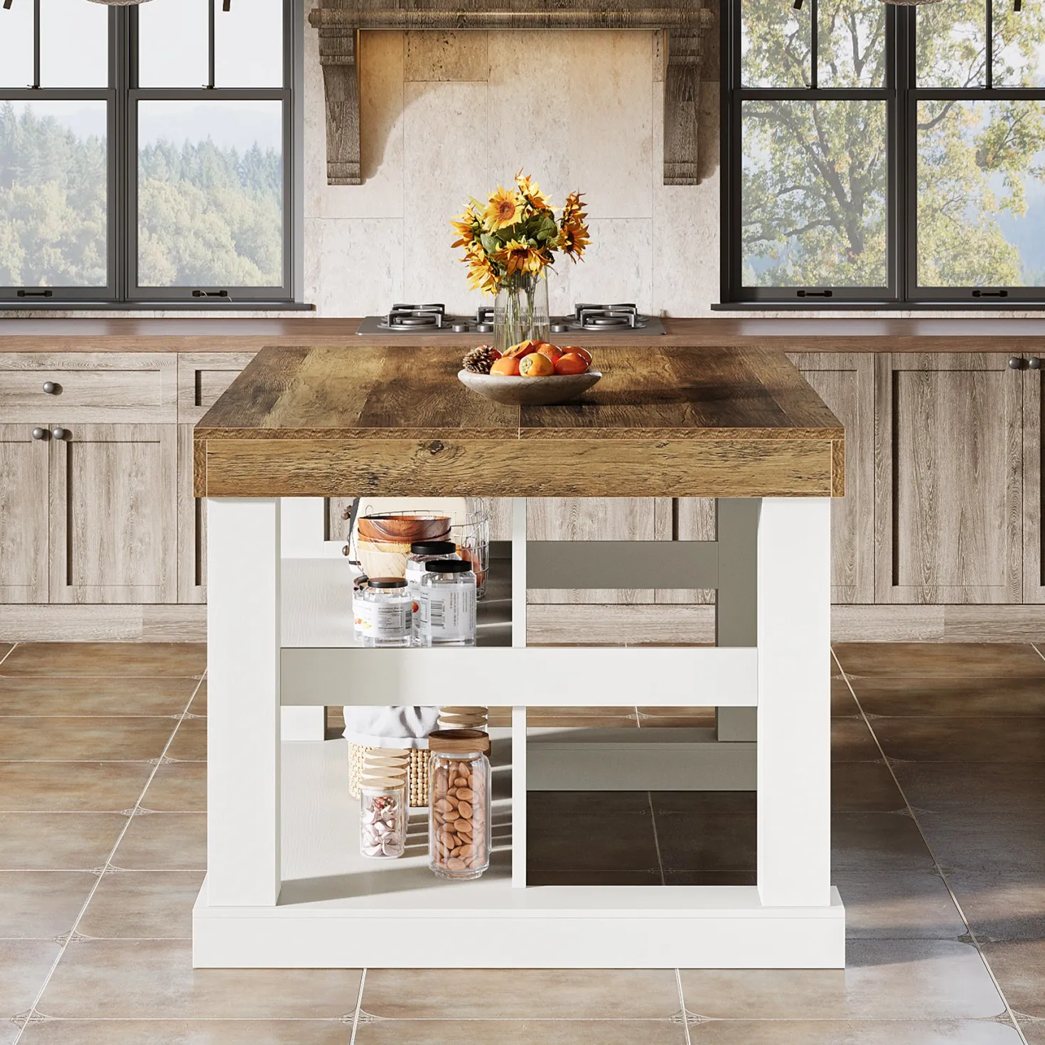 55" Kitchen Island, Farmhouse Stationary Island Unit with 2-Tier Storage