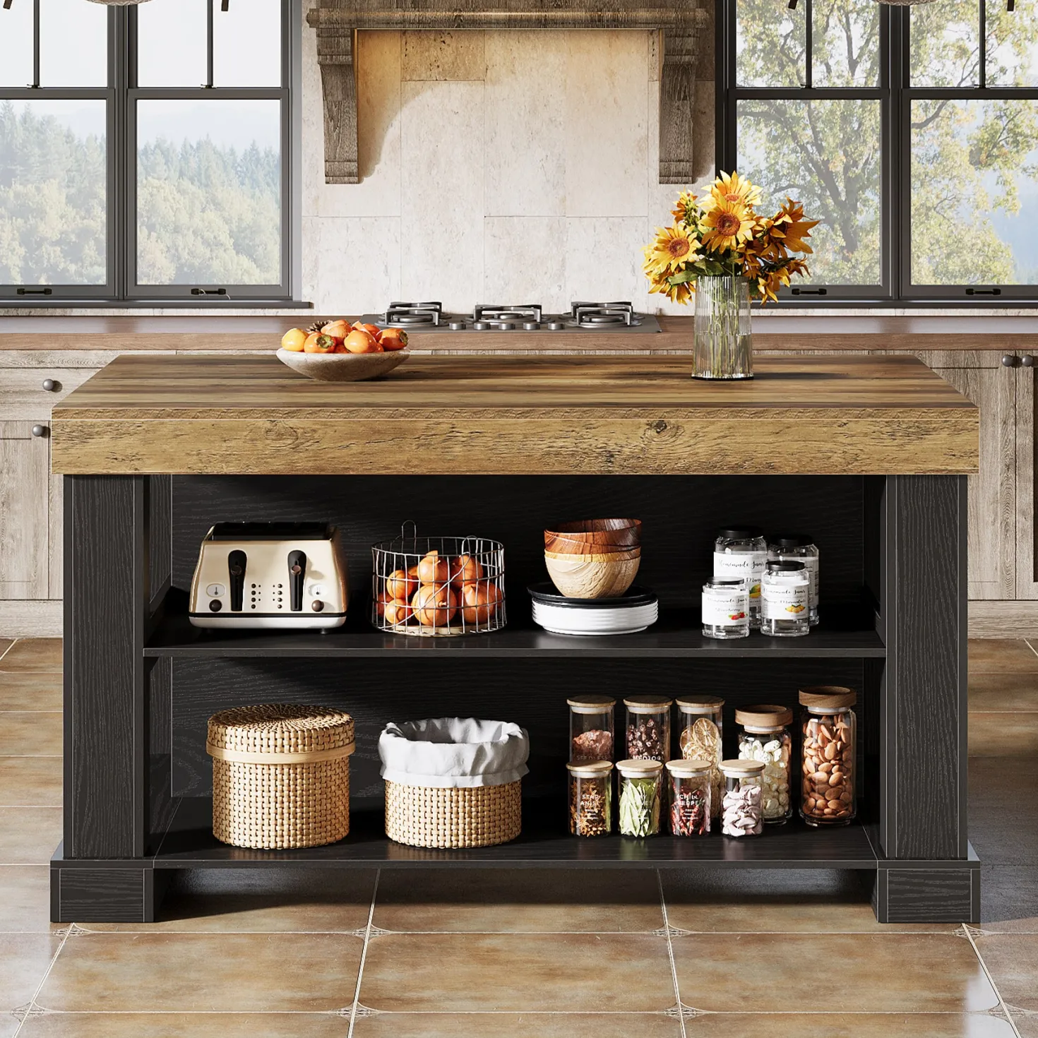 55" Kitchen Island, Farmhouse Stationary Island Unit with 2-Tier Storage