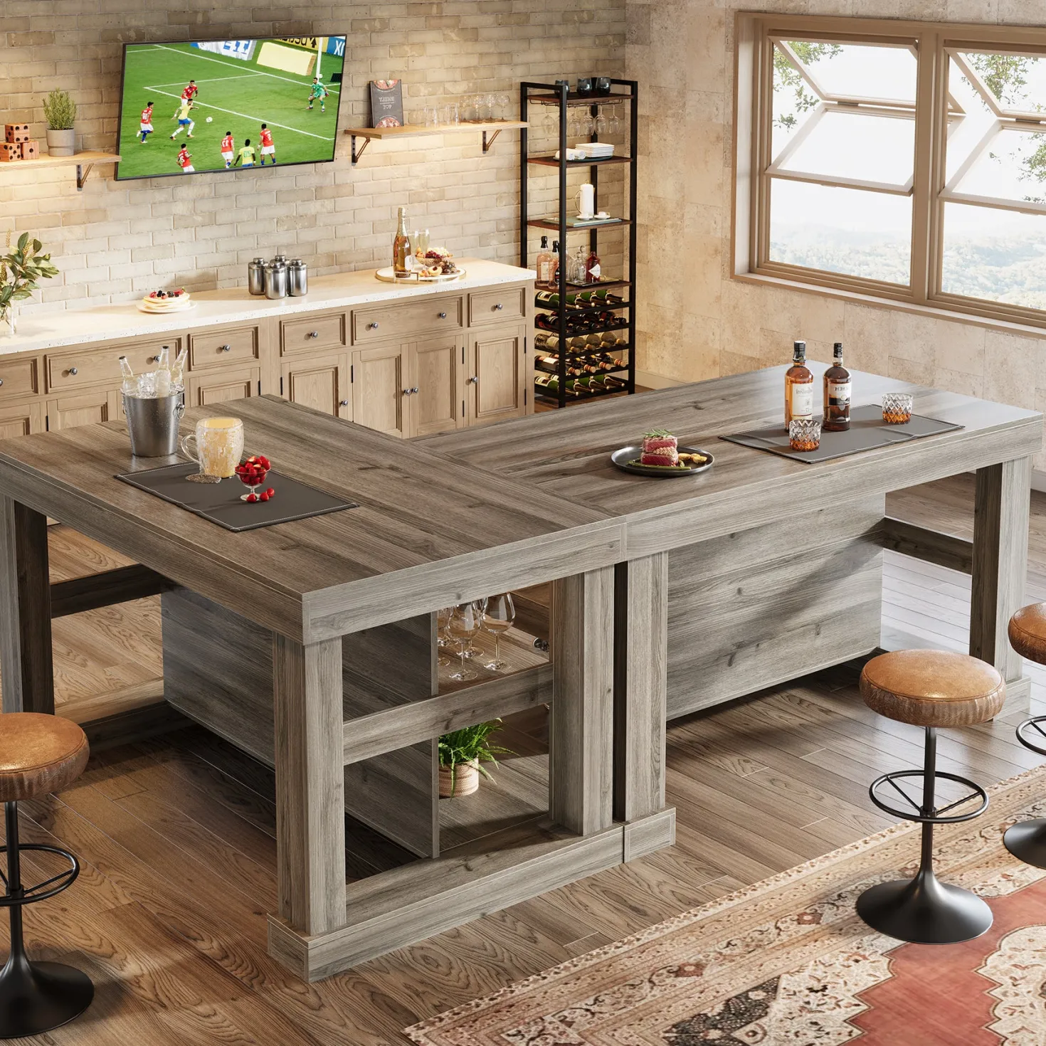 55" Kitchen Island, Farmhouse Stationary Island Unit with 2-Tier Storage