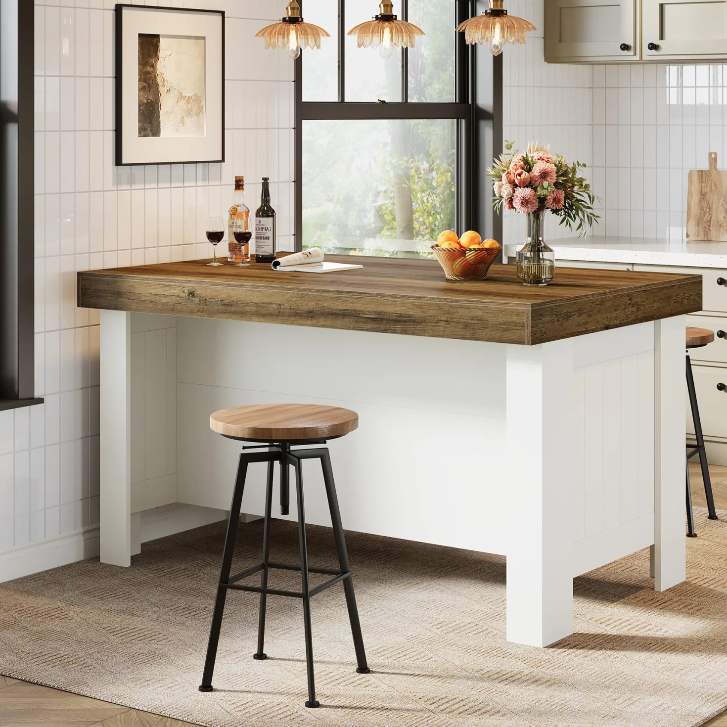 55" Kitchen Island Table, Farmhouse Counter Height Bar Table with Storage Shelves