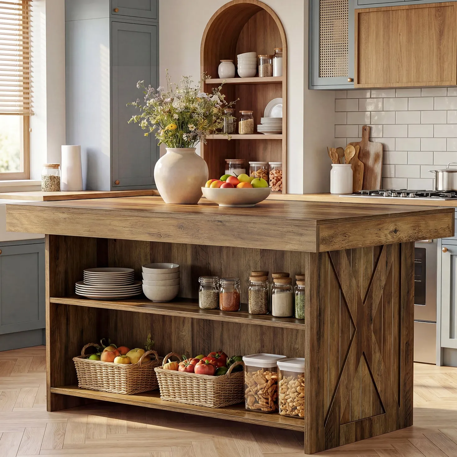55" Kitchen Island with Storage Shelves, Farmhouse Island Table for Dining Room