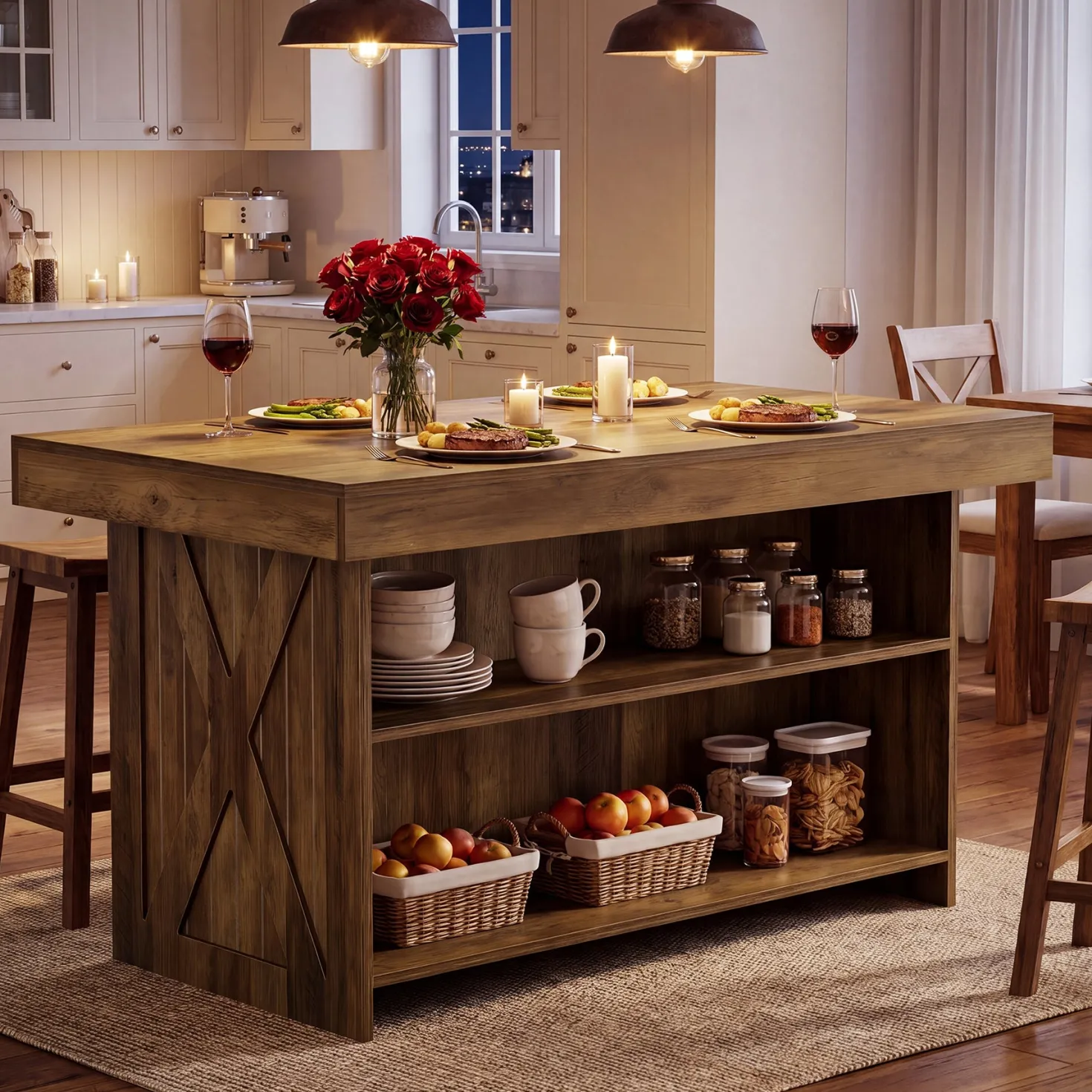 55" Kitchen Island with Storage Shelves, Farmhouse Island Table for Dining Room