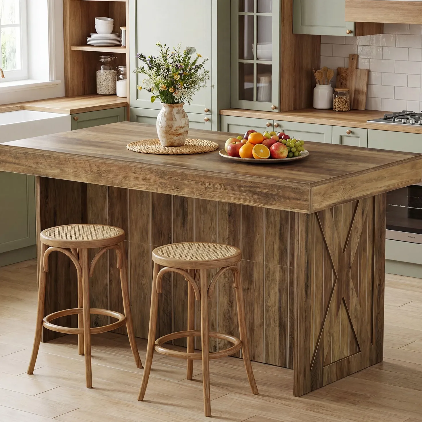 55" Kitchen Island with Storage Shelves, Farmhouse Island Table for Dining Room