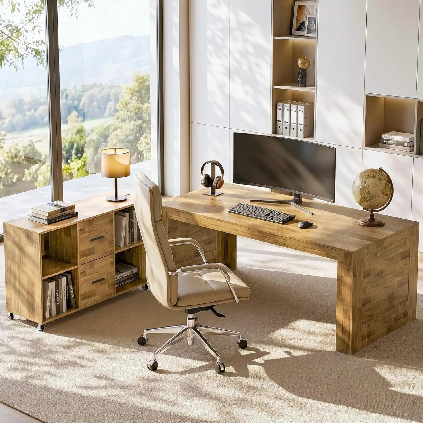 63" L Shaped Desk, Executive Office Desk with with Storage, Large Computer Table with Drawers and Shelves