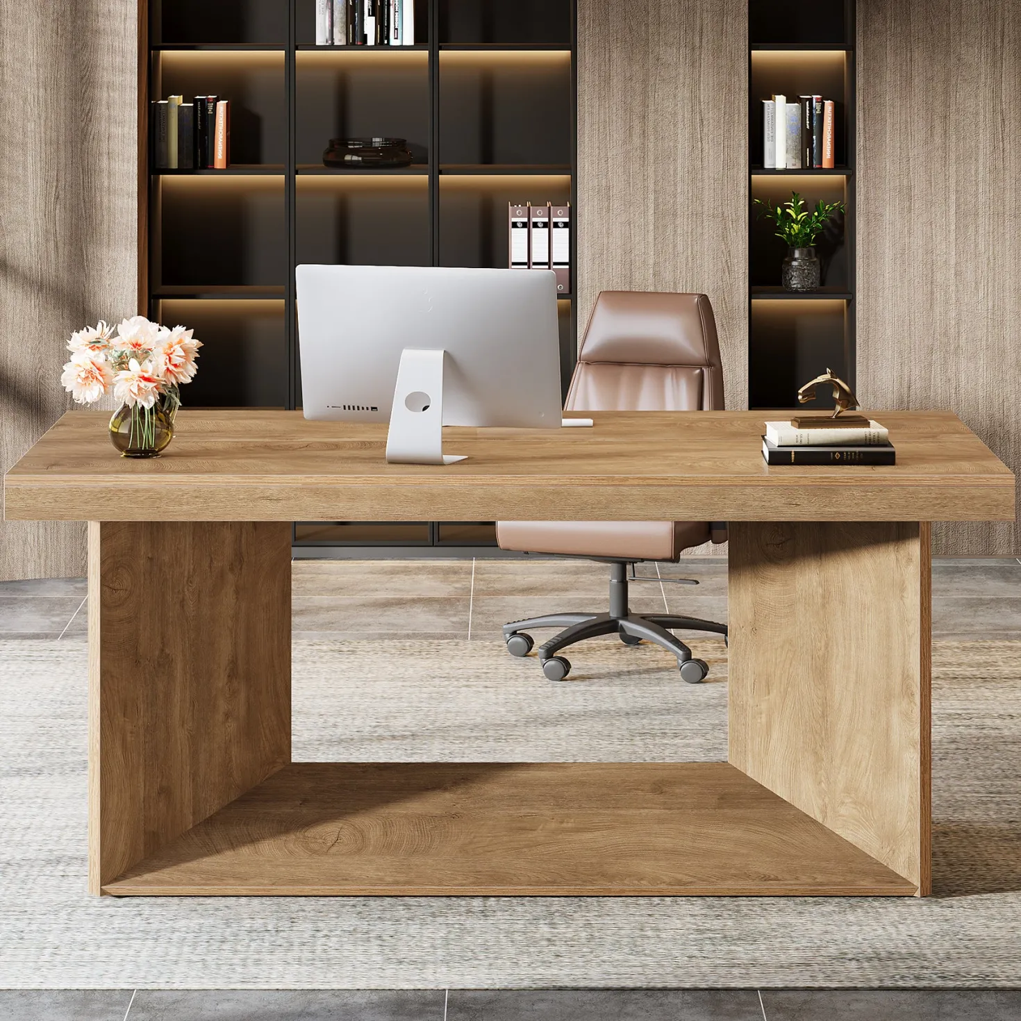 63" Large Executive Desk, Farmhouse Office Computer Desk with Heavy Duty Pedestal