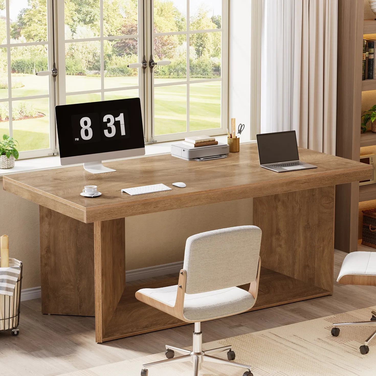 63" Large Executive Desk, Farmhouse Office Computer Desk with Heavy Duty Pedestal