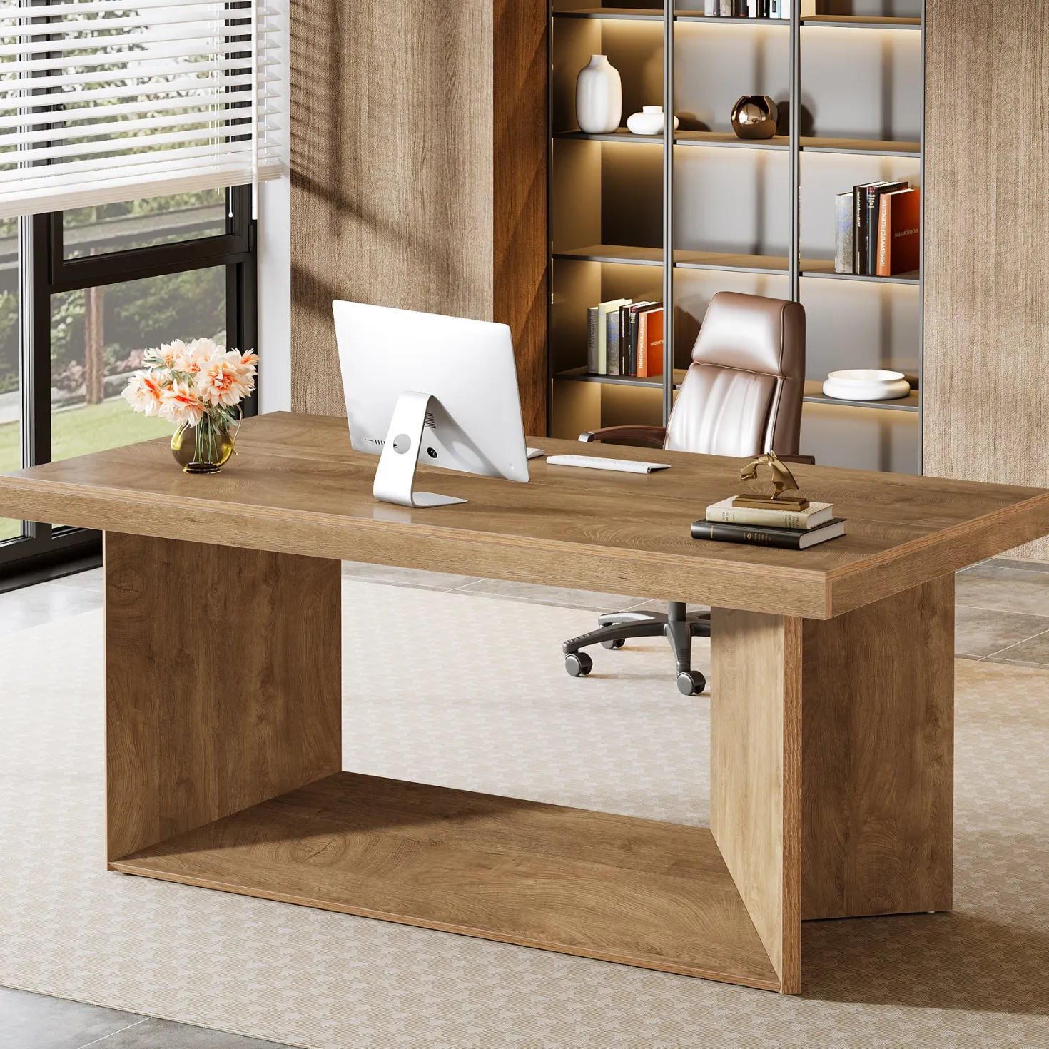 63" Large Executive Desk, Farmhouse Office Computer Desk with Heavy Duty Pedestal
