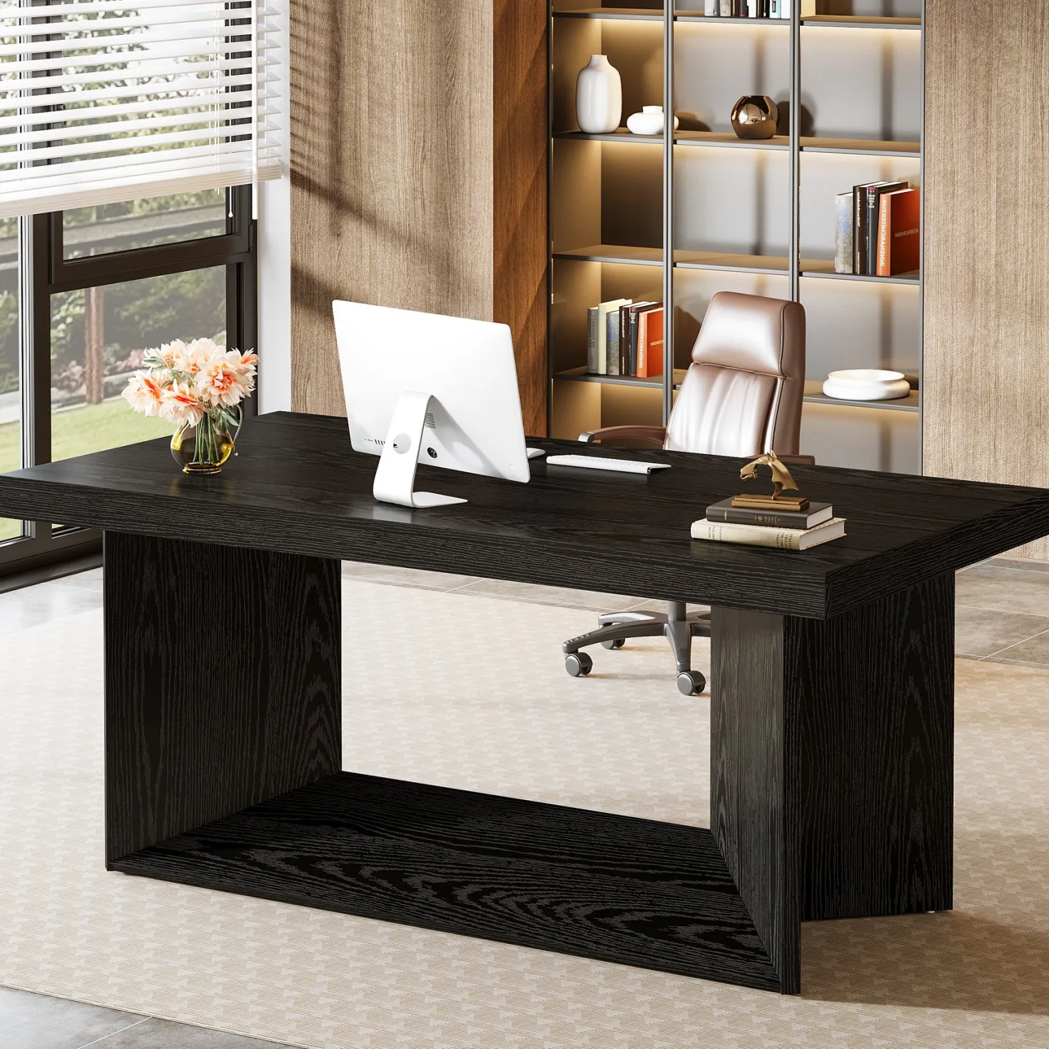 63" Large Executive Desk, Farmhouse Office Computer Desk with Heavy Duty Pedestal