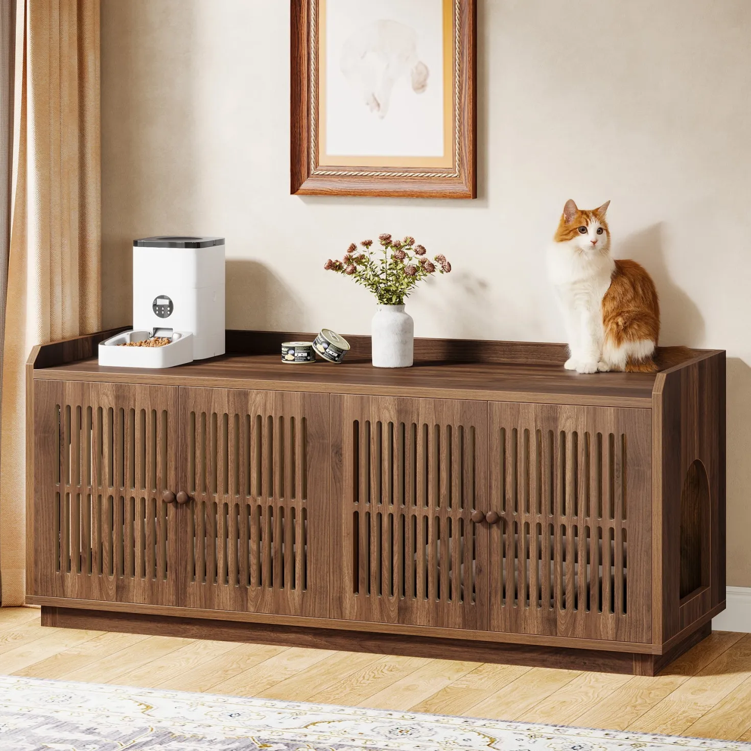 55" Litter Box Furniture, Cat Litter Box Enclosure with 2 Cabinets and Side Entrance