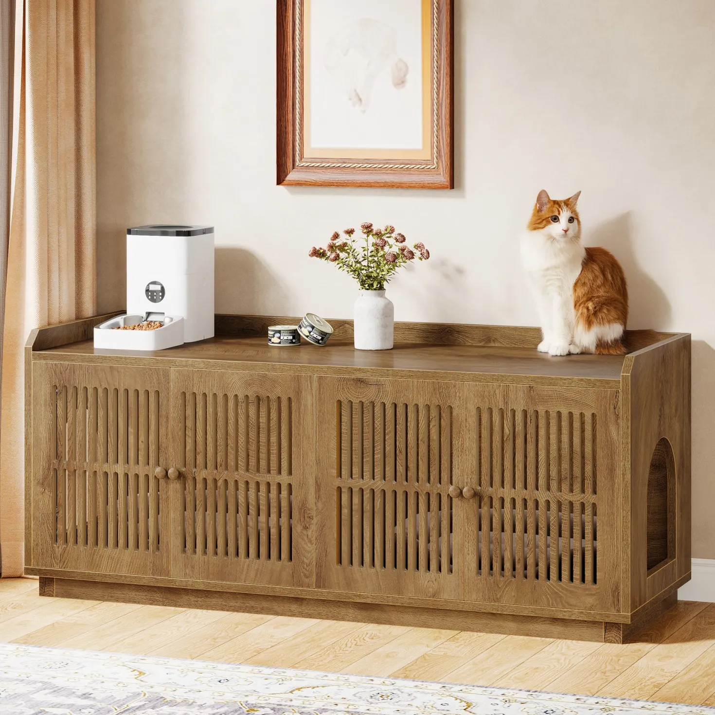 55" Litter Box Furniture, Cat Litter Box Enclosure with 2 Cabinets and Side Entrance