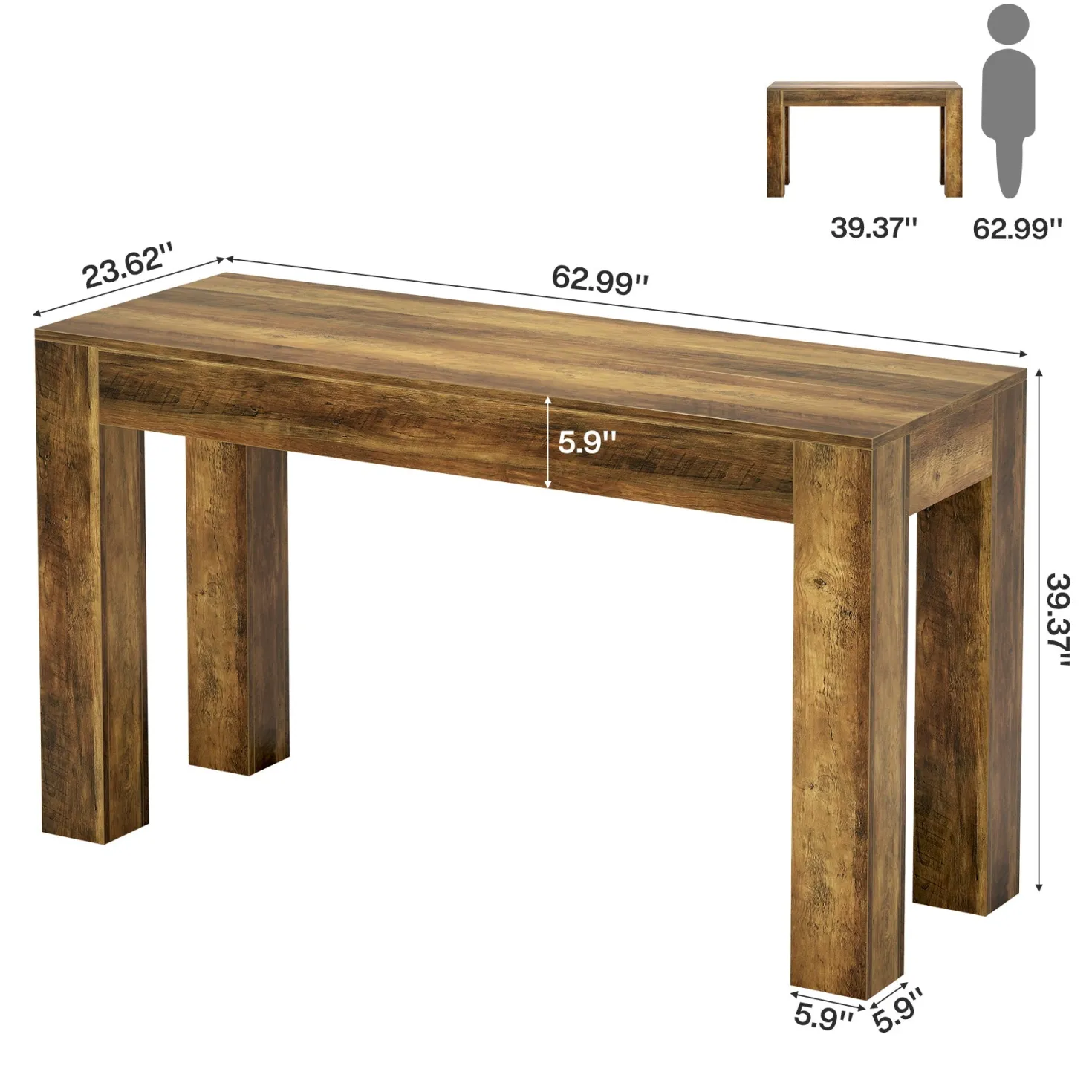 63" Long Bar Table, Rectangular Counter Height Pub Table with Sturdy Legs