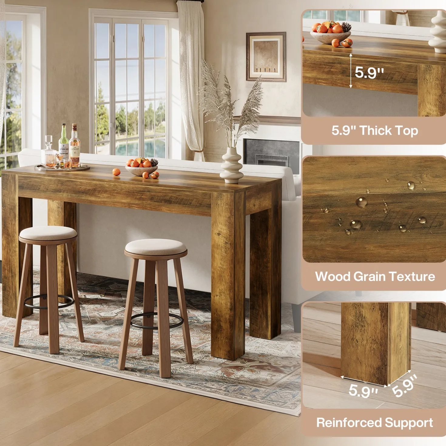 63" Long Bar Table, Rectangular Counter Height Pub Table with Sturdy Legs