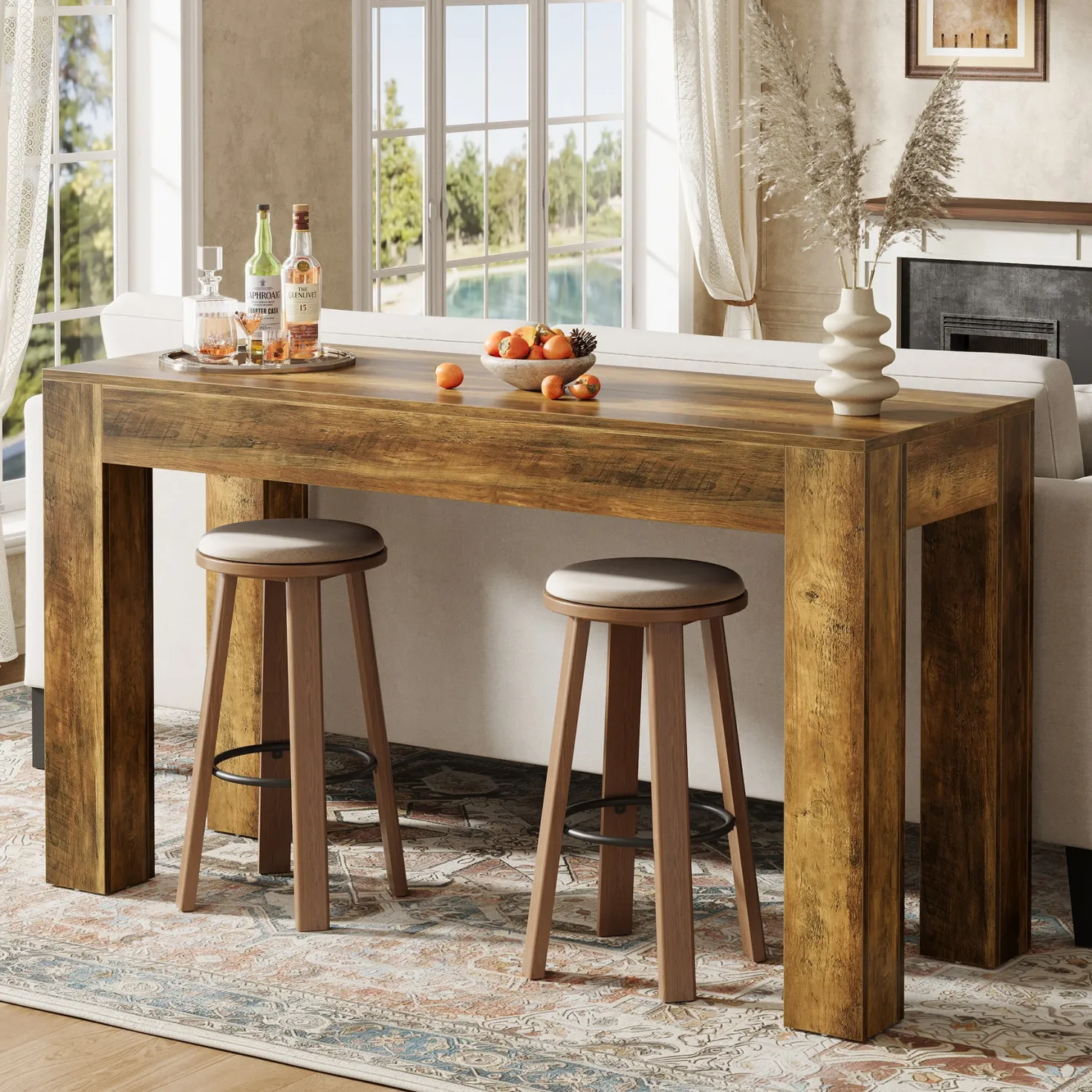63" Long Bar Table, Rectangular Counter Height Pub Table with Sturdy Legs
