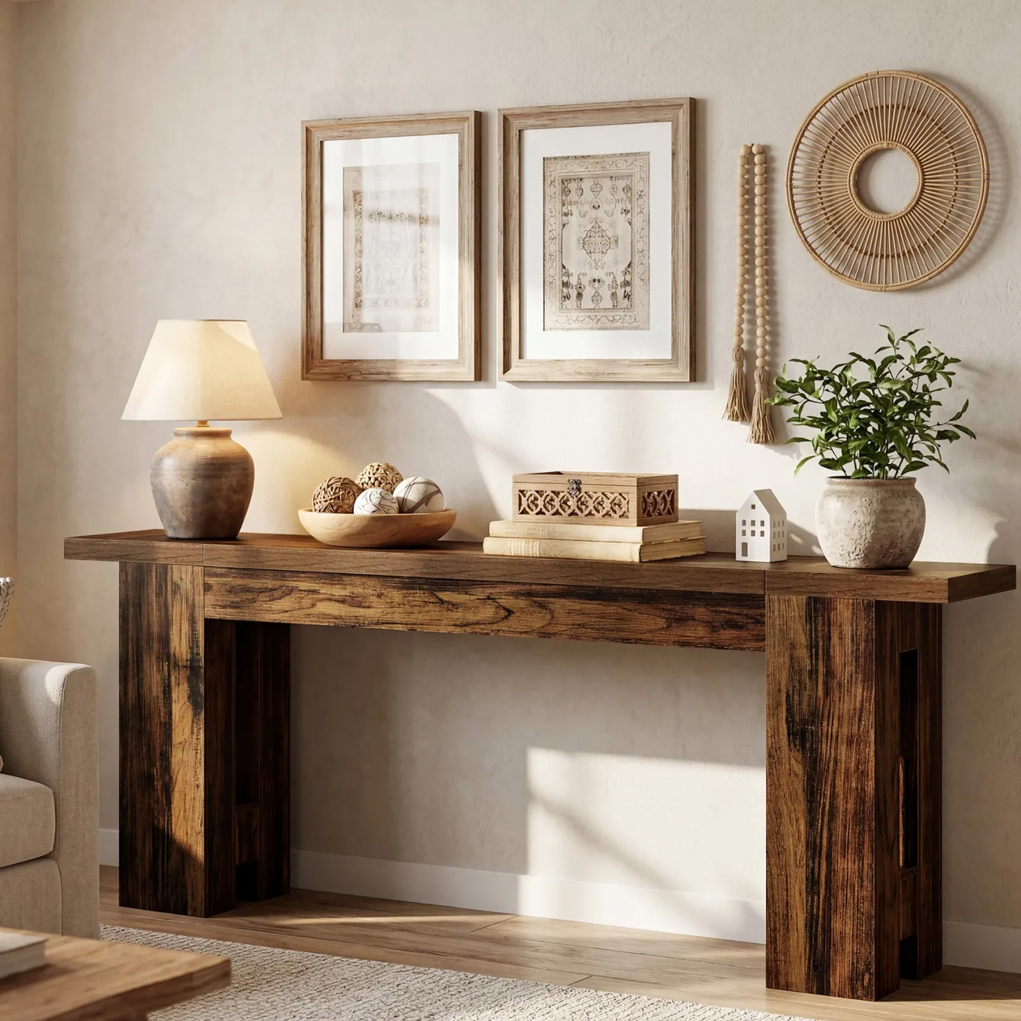 86.6" Long Console Table, Farmhouse Entryway Sofa Table Behind Couch for Hallway