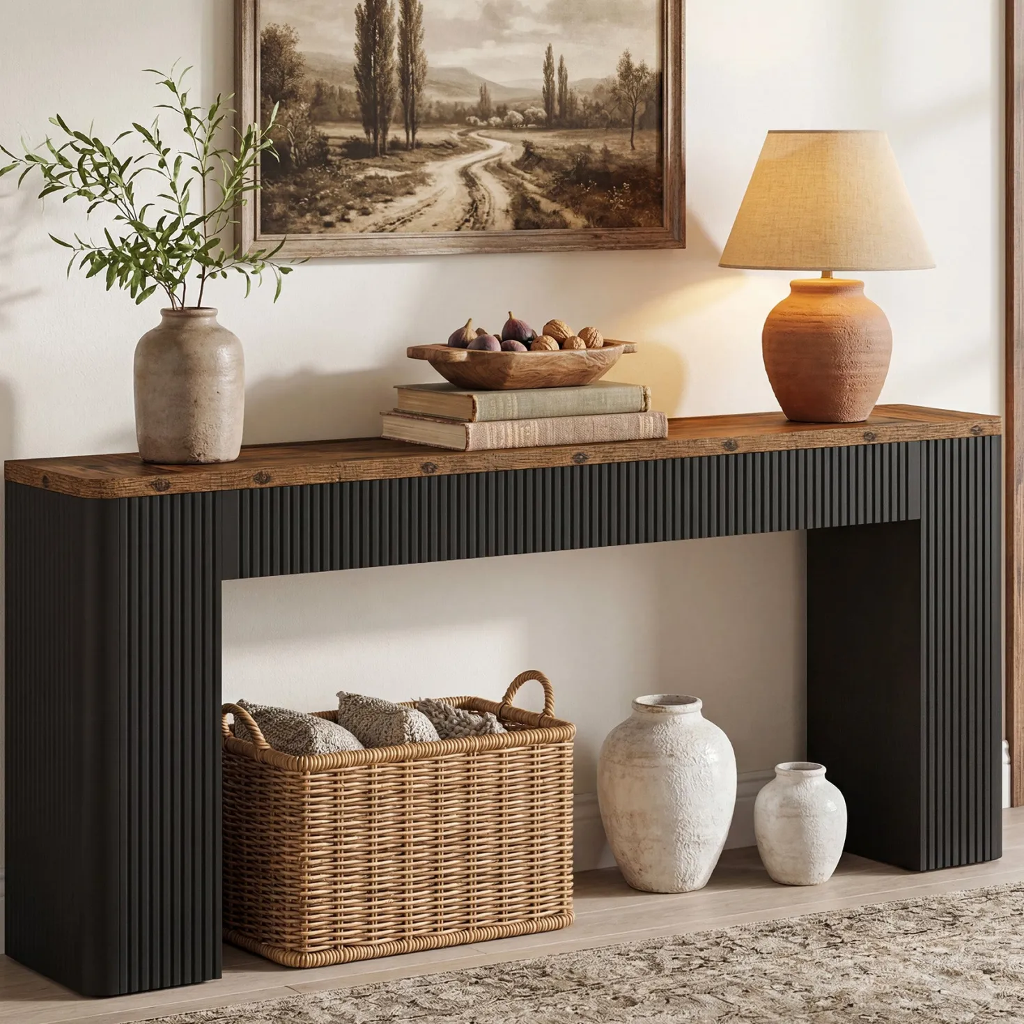 82.7" Long Console Table, Fluted Narrow Sofa Table Entryway Table with Curved Edges