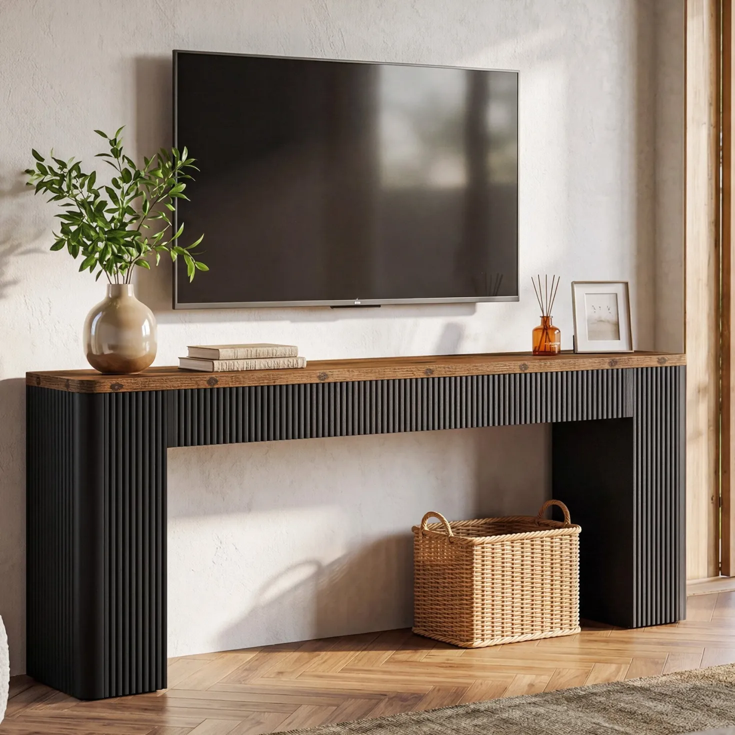 82.7" Long Console Table, Fluted Narrow Sofa Table Entryway Table with Curved Edges