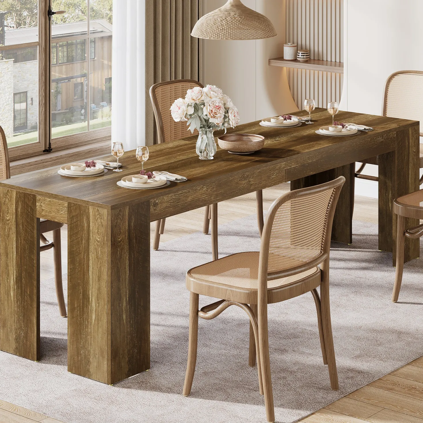 86.6" Long Dining Table, Rectangular Kitchen Table with Sturdy Legs for 6-8 People