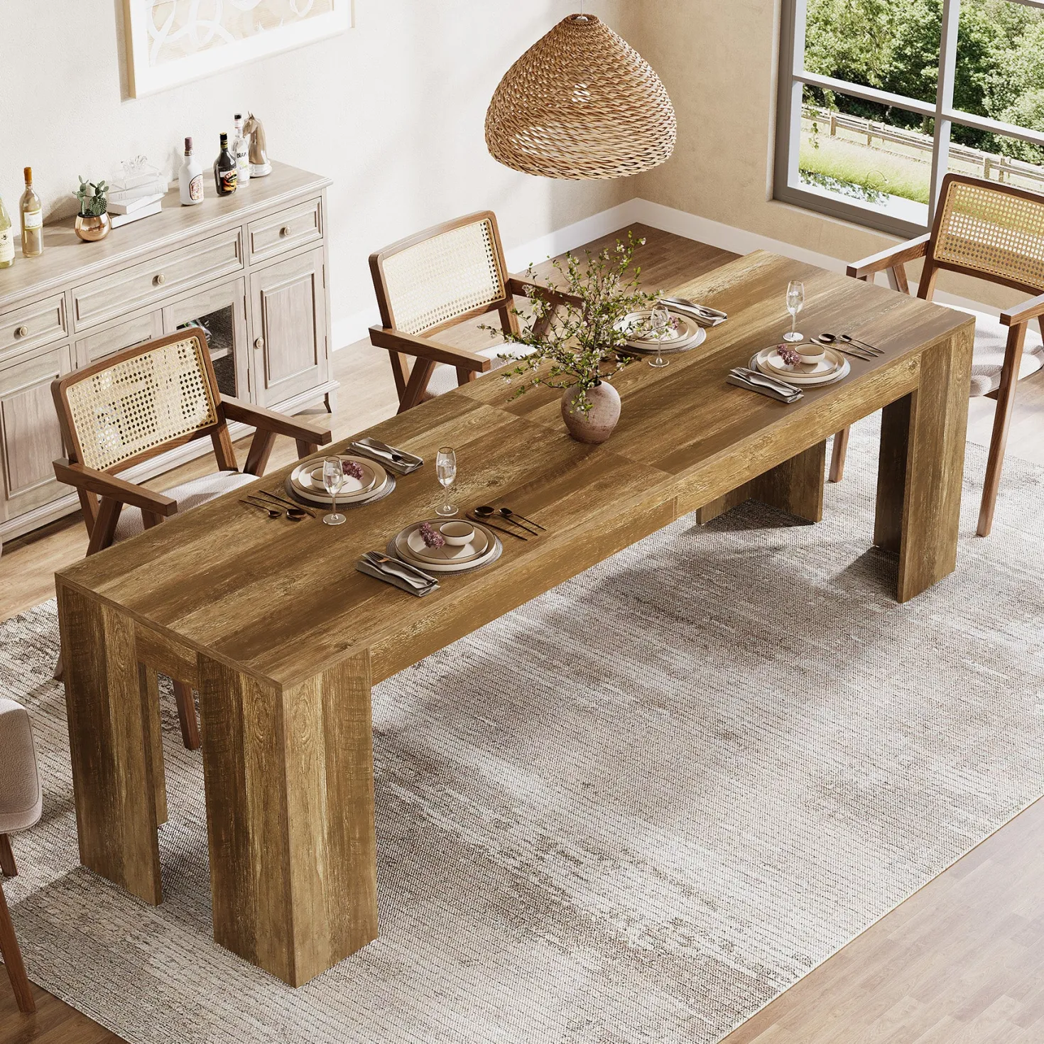 86.6" Long Dining Table, Rectangular Kitchen Table with Sturdy Legs for 6-8 People