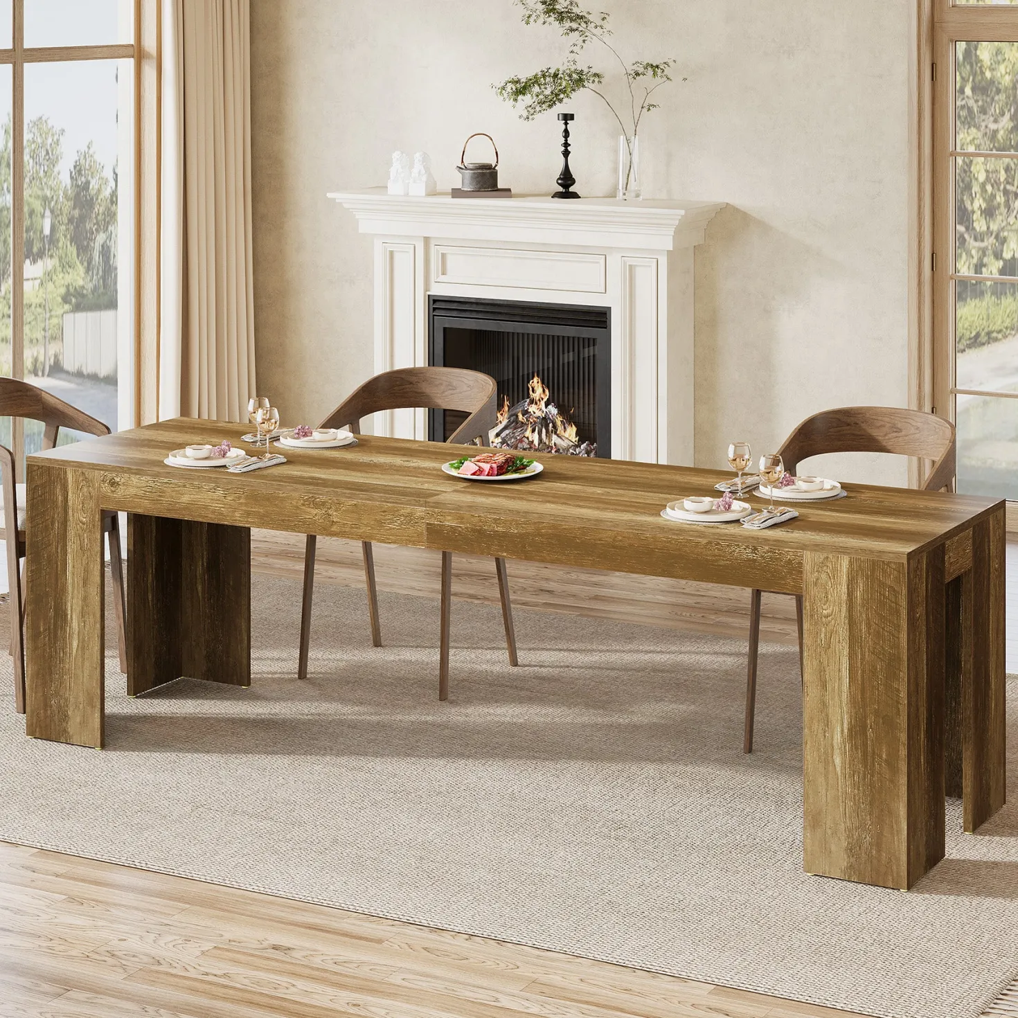 86.6" Long Dining Table, Rectangular Kitchen Table with Sturdy Legs for 6-8 People
