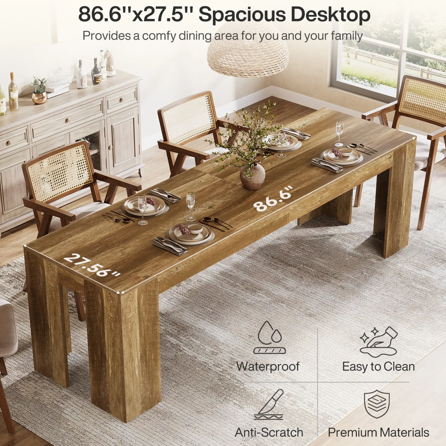 86.6" Long Dining Table, Rectangular Kitchen Table with Sturdy Legs for 6-8 People
