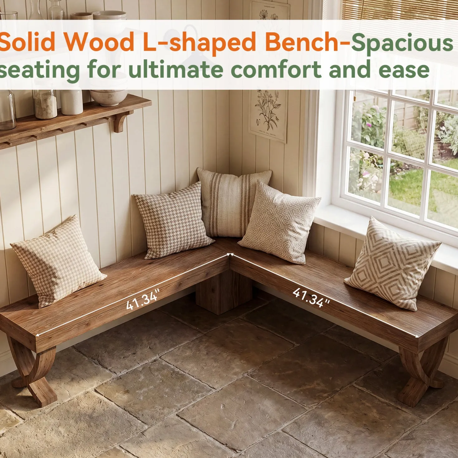55" L-Shaped Corner Bench, Farmhouse Nook Dining Bench with X-Shaped Leg