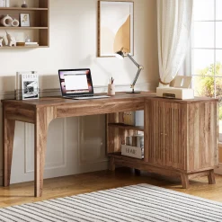 57" L-Shaped Corner Desk, Wood Computer Desk Study Writing Table with Cabinet