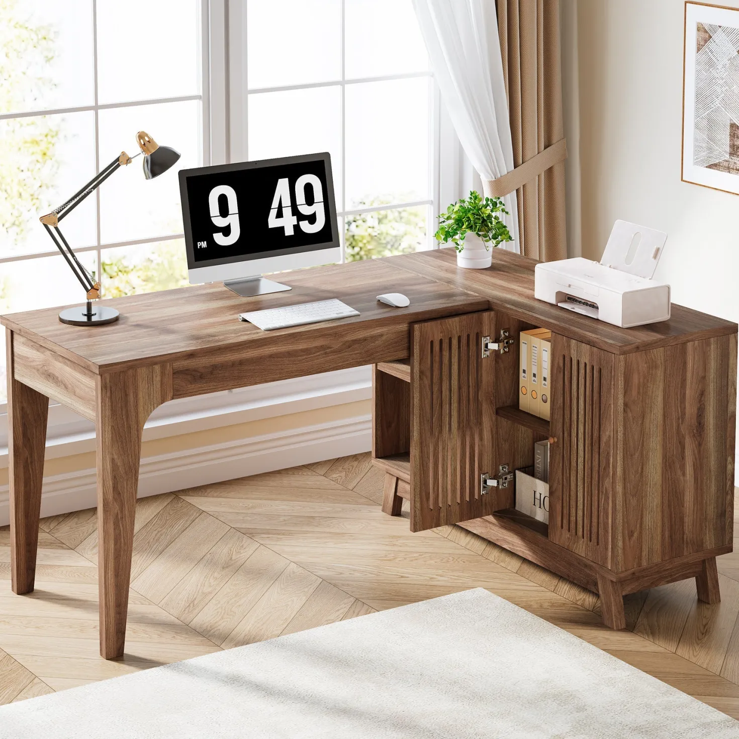 57" L-Shaped Corner Desk, Wood Computer Desk Study Writing Table with Cabinet
