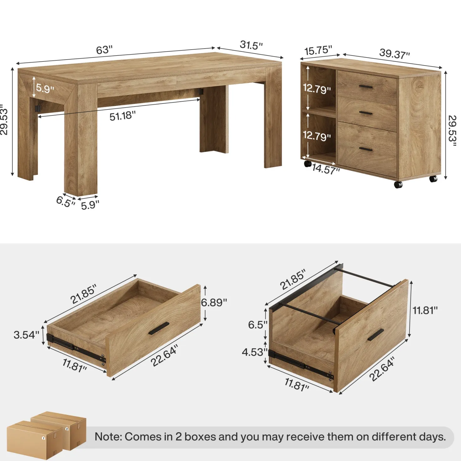 63" L-Shaped Desk, Executive Office Desk with Mobile Lateral File Cabinet