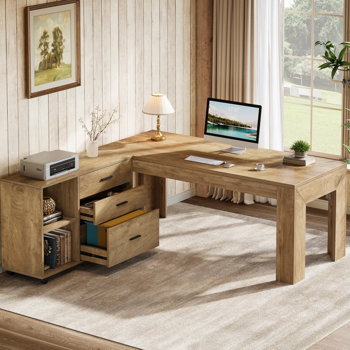 63" L-Shaped Desk, Executive Office Desk with Mobile Lateral File Cabinet