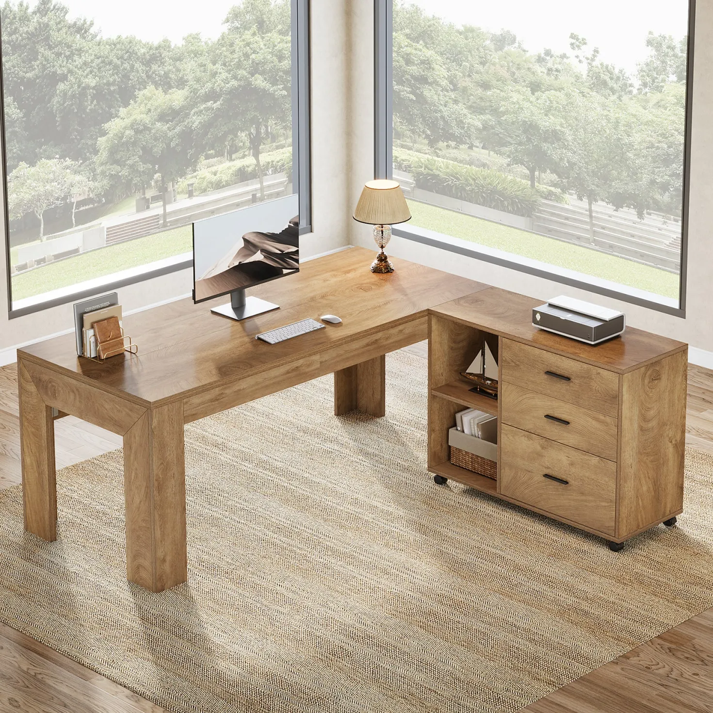 63" L-Shaped Desk, Executive Office Desk with Mobile Lateral File Cabinet