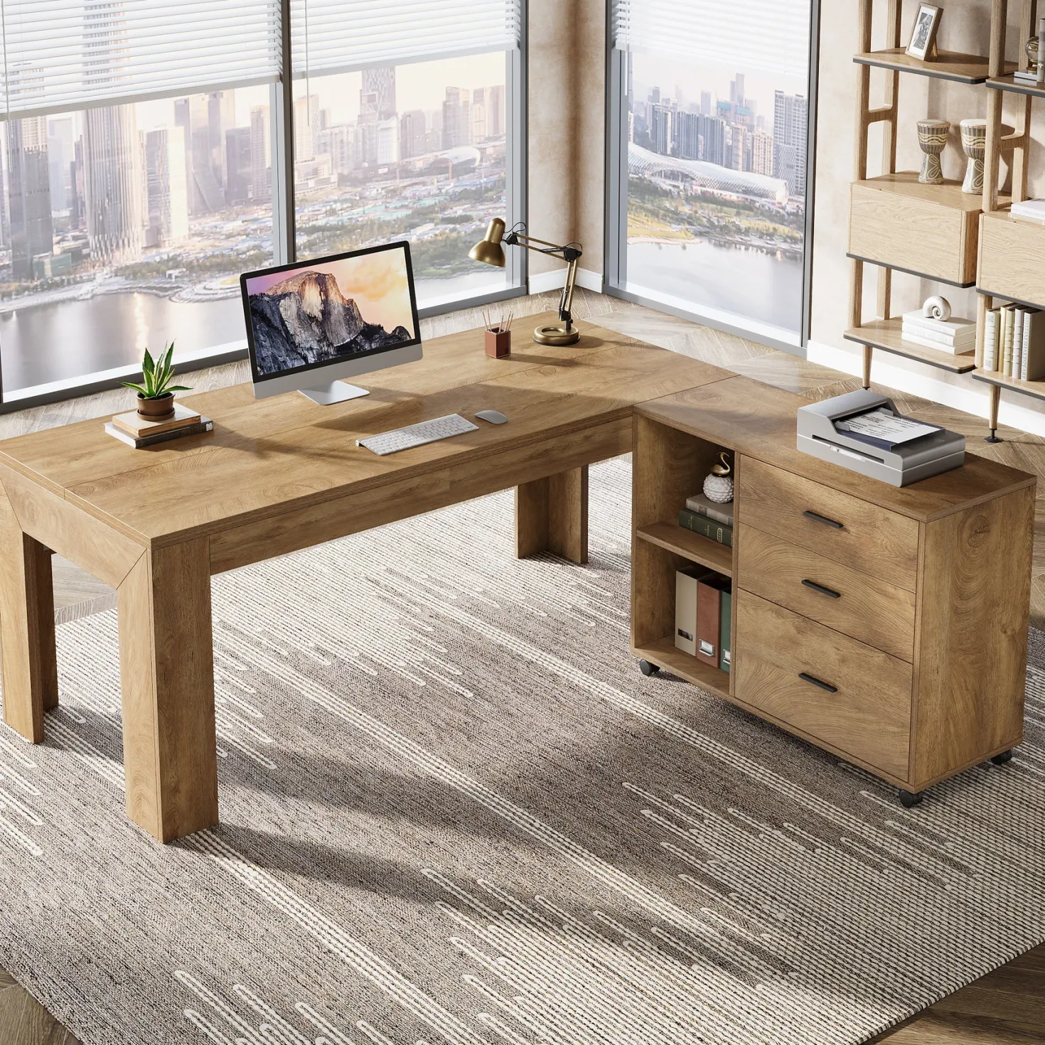 63" L-Shaped Desk, Executive Office Desk with Mobile Lateral File Cabinet