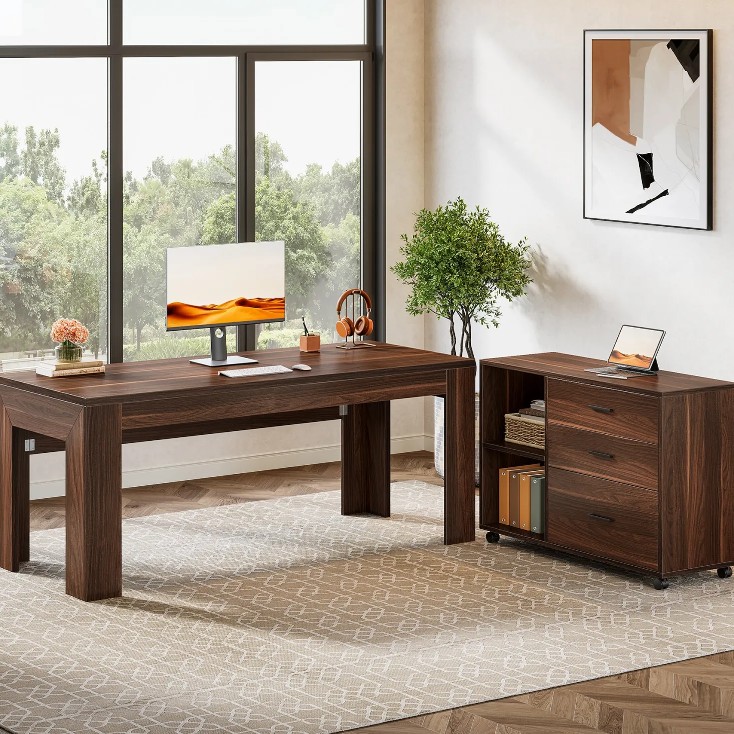 63" L-Shaped Desk, Executive Office Desk with Mobile Lateral File Cabinet