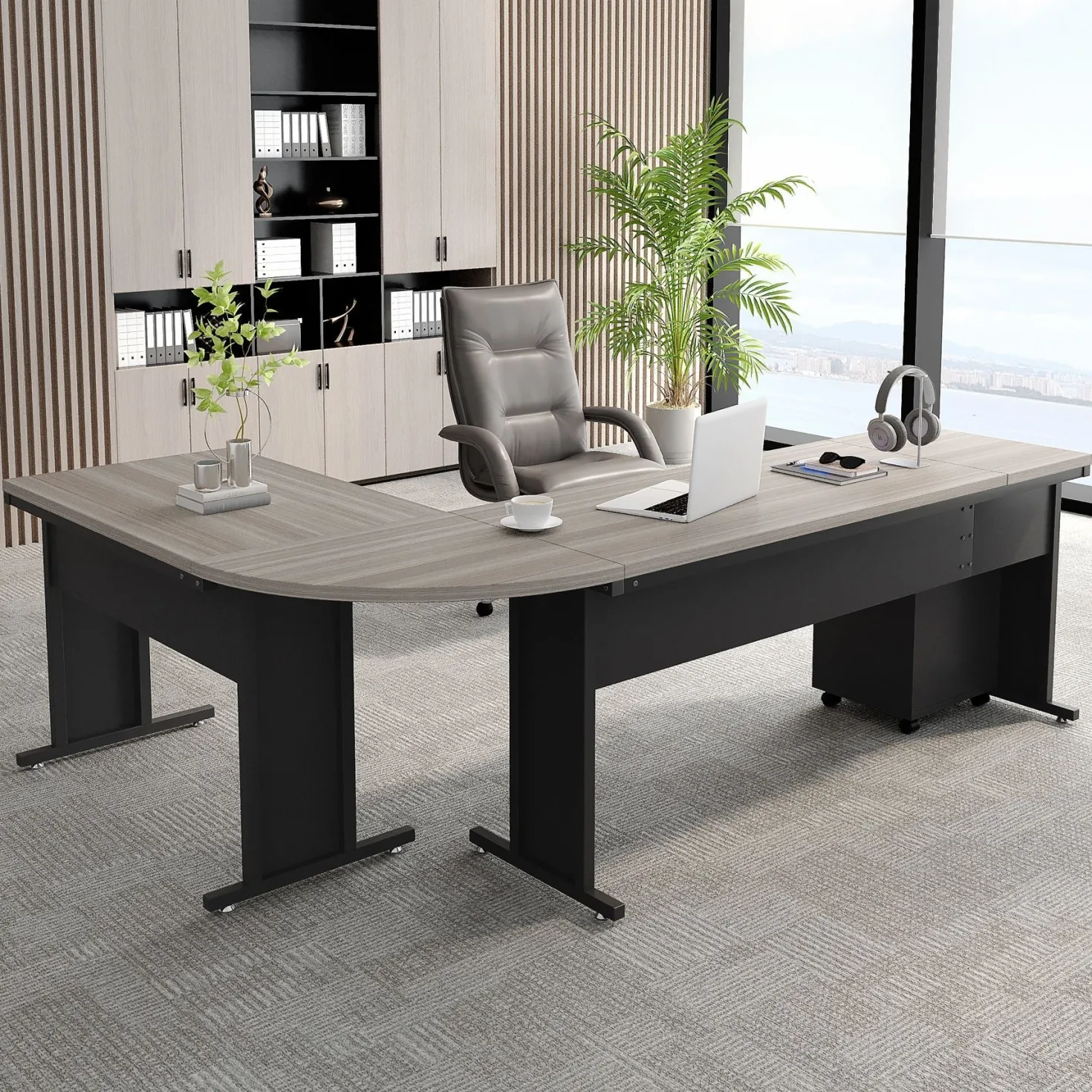 83" L-Shaped Desk, Industrial Corner Executive Desk with Mobile File Cabinet