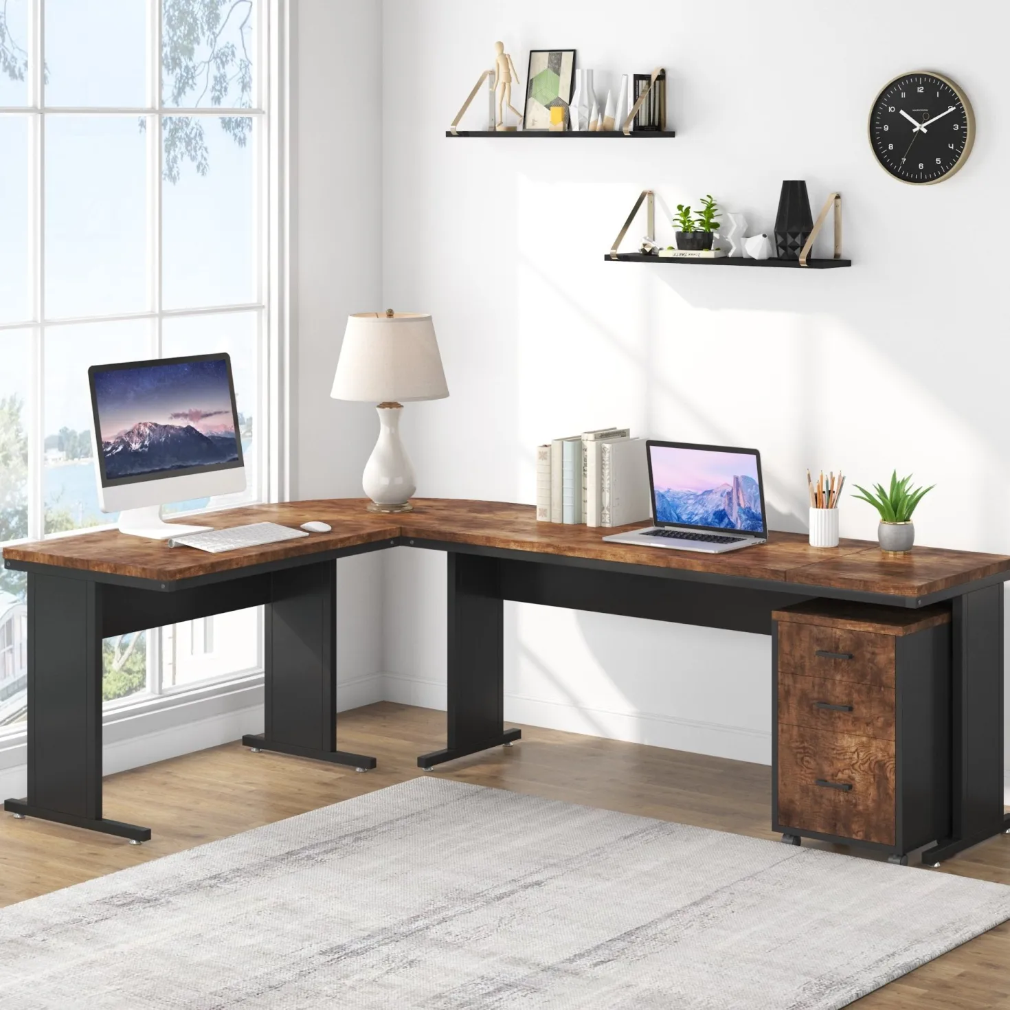 83" L-Shaped Desk, Industrial Corner Executive Desk with Mobile File Cabinet