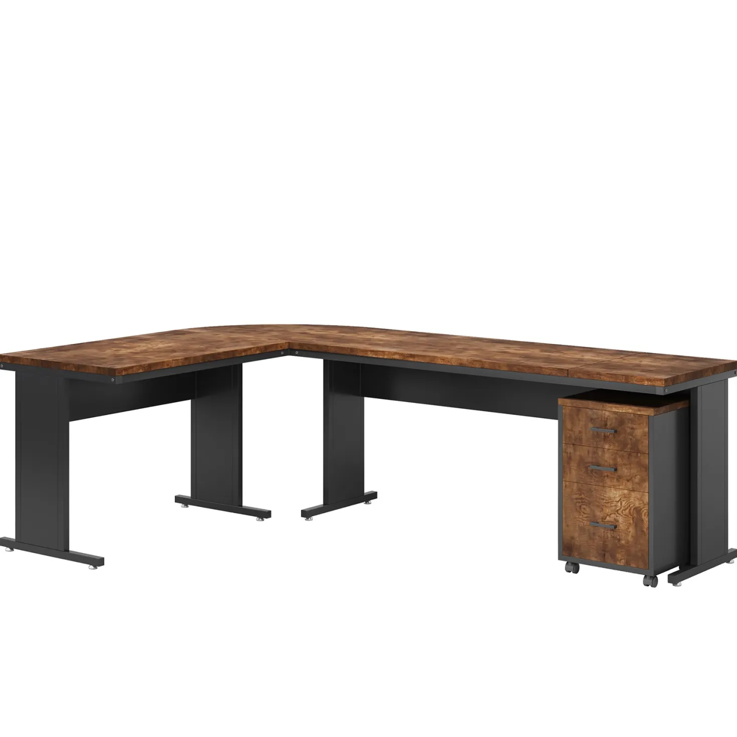 83" L-Shaped Desk, Industrial Corner Executive Desk with Mobile File Cabinet