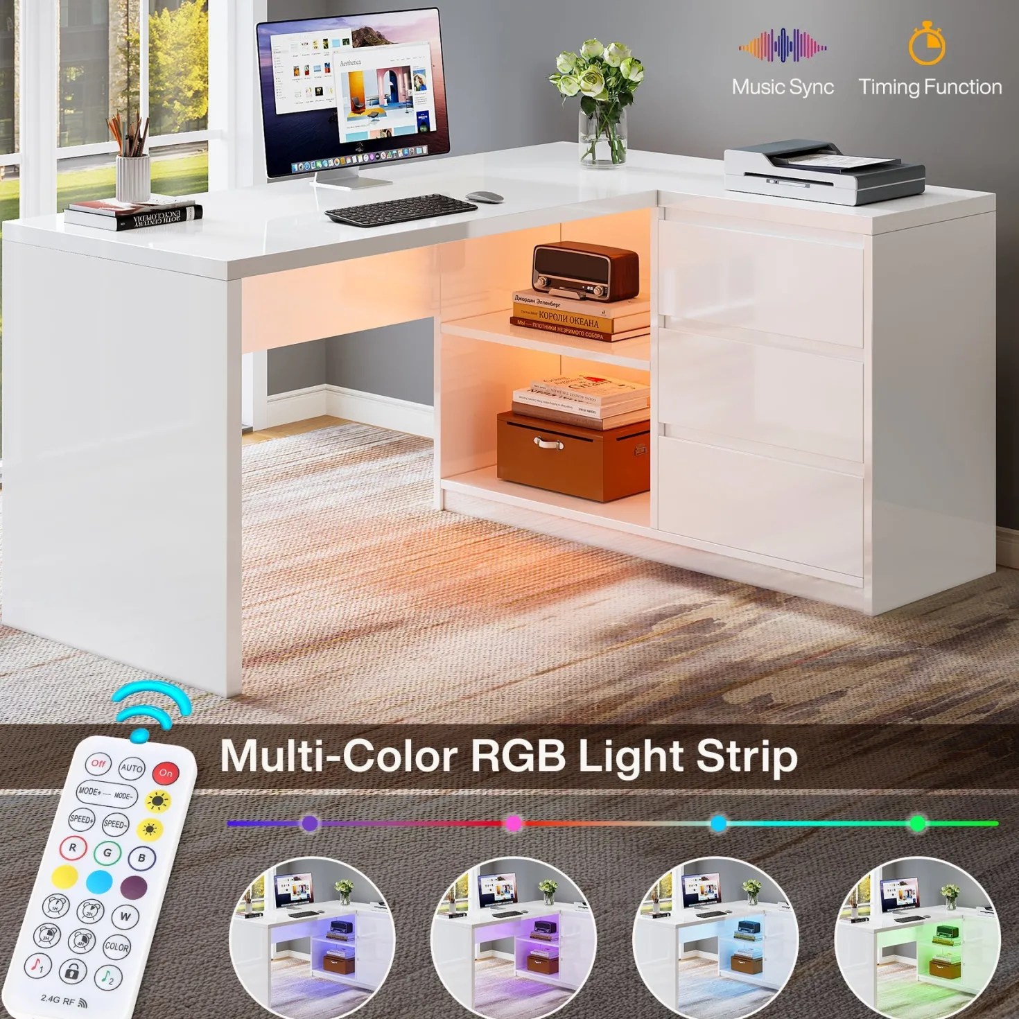 55" L-Shaped Desk with LED Lights, Executive Computer Desk with 3 Drawers