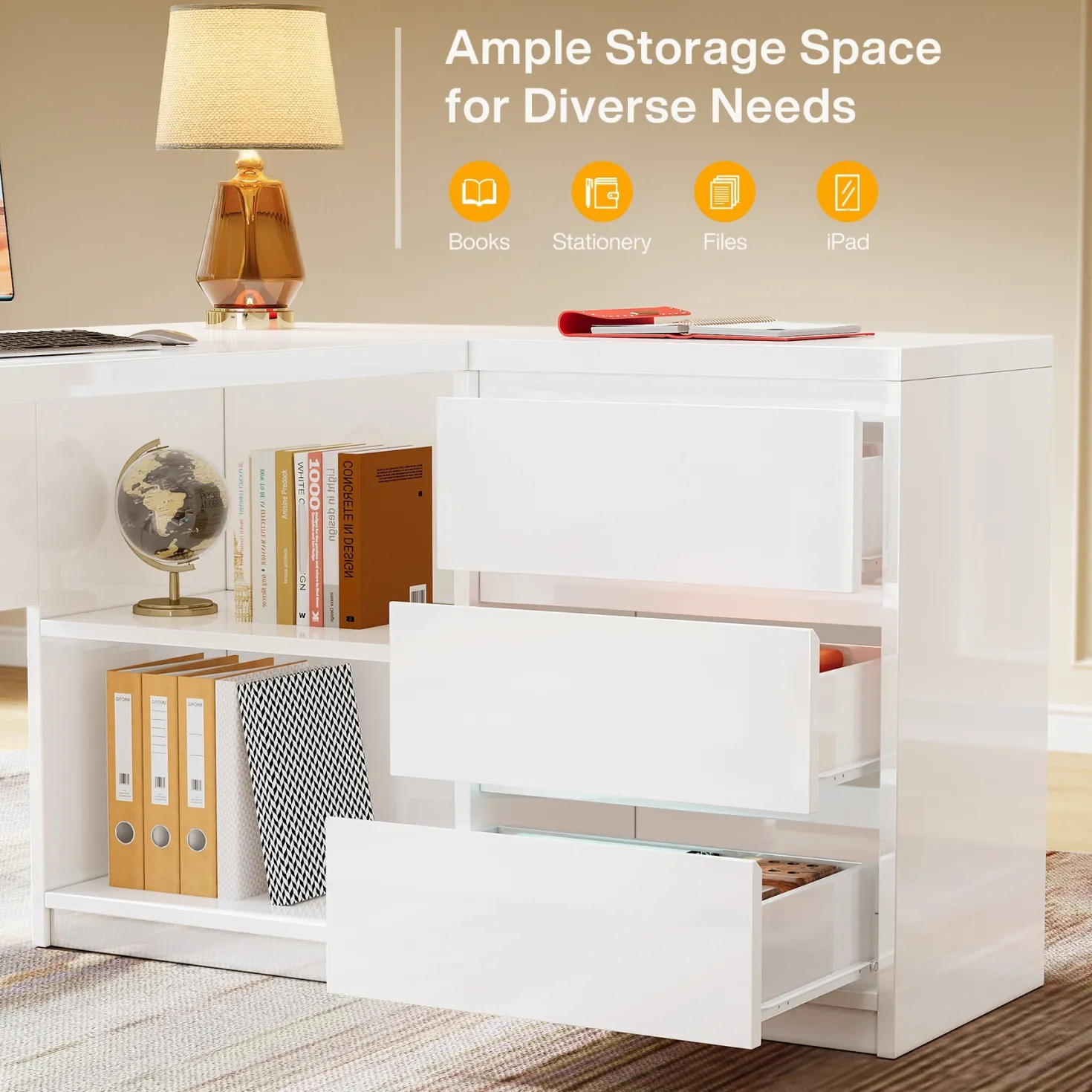 55" L-Shaped Desk with LED Lights, Executive Computer Desk with 3 Drawers