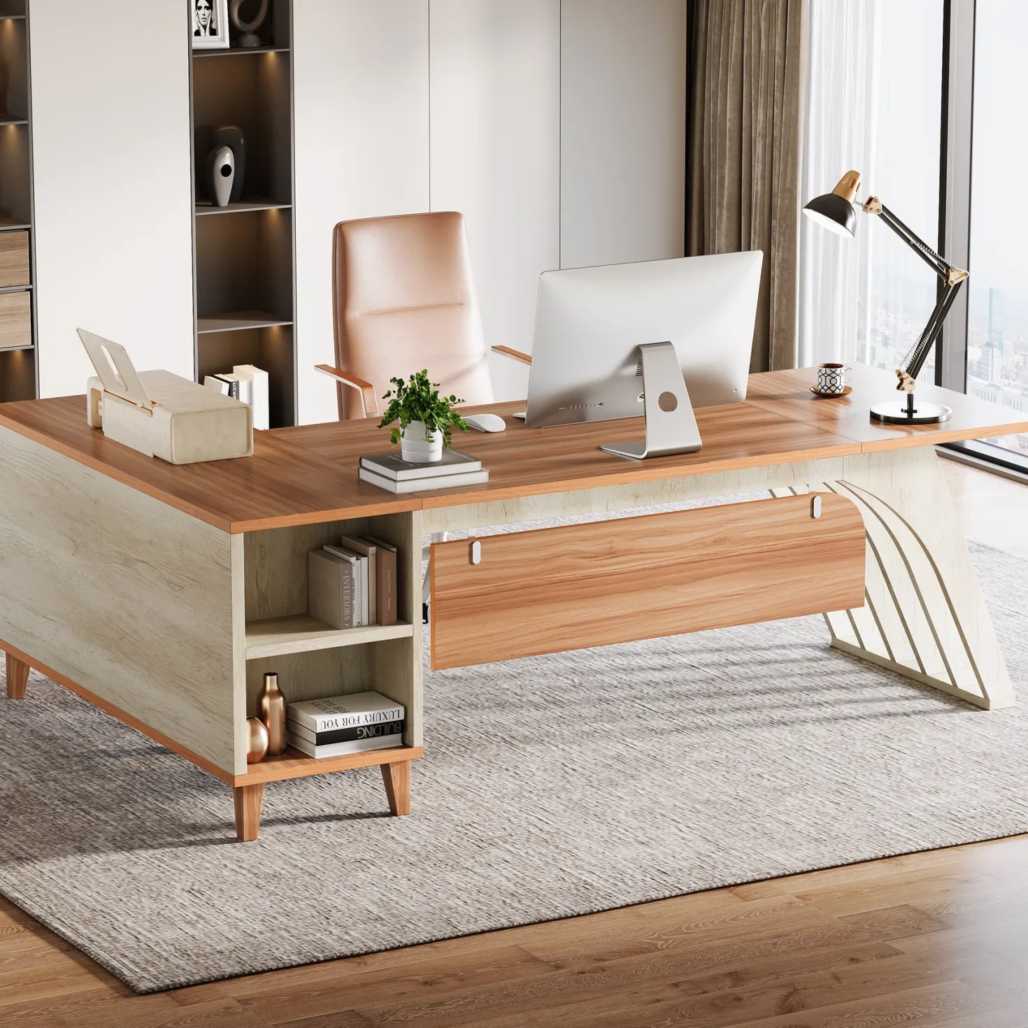 78.7" L-Shaped Executive Desk, Computer Desk Office Desk with File Cabinet