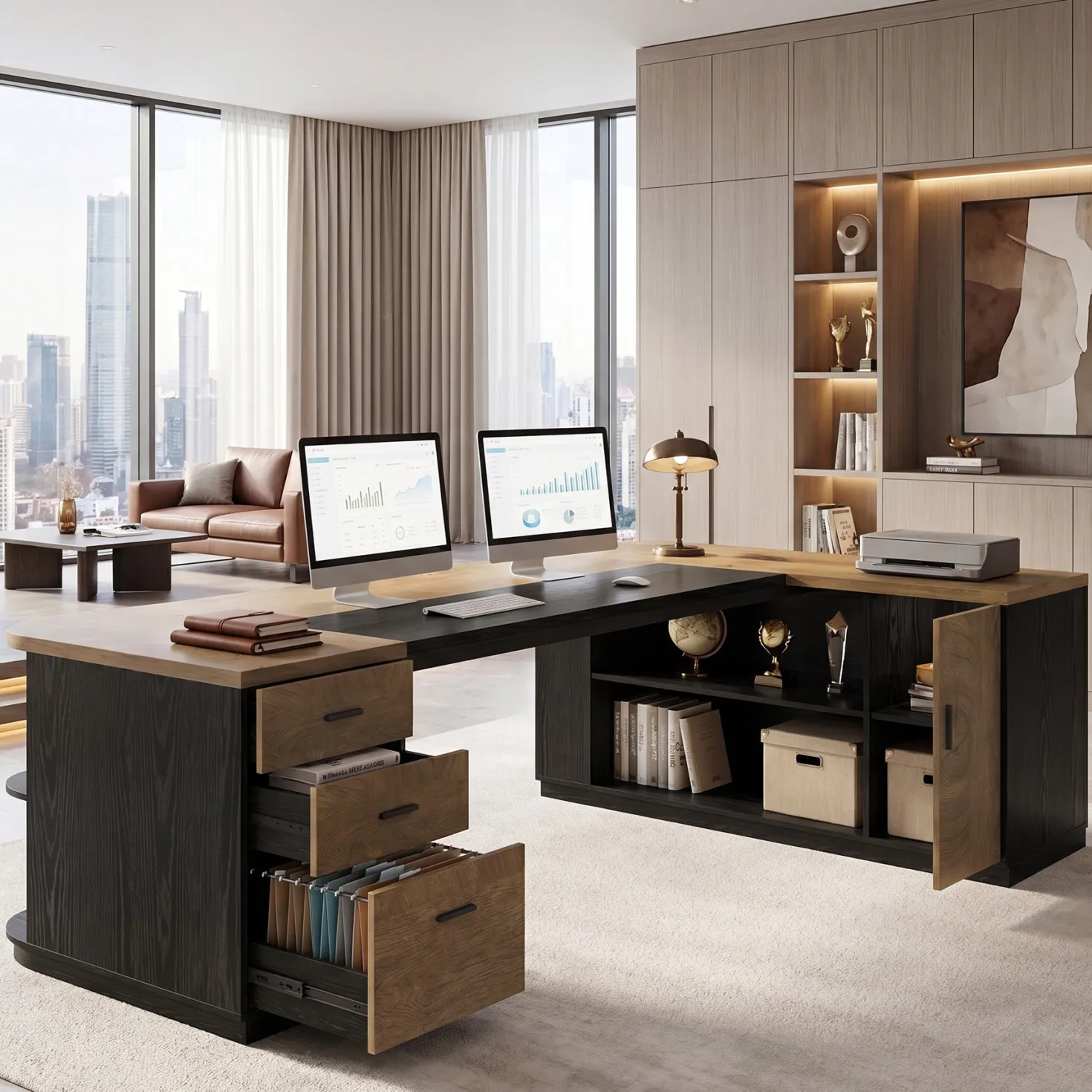 86.6" L-Shaped Executive Desk, Large Computer Desk with Drawers & 55" File Cabinet