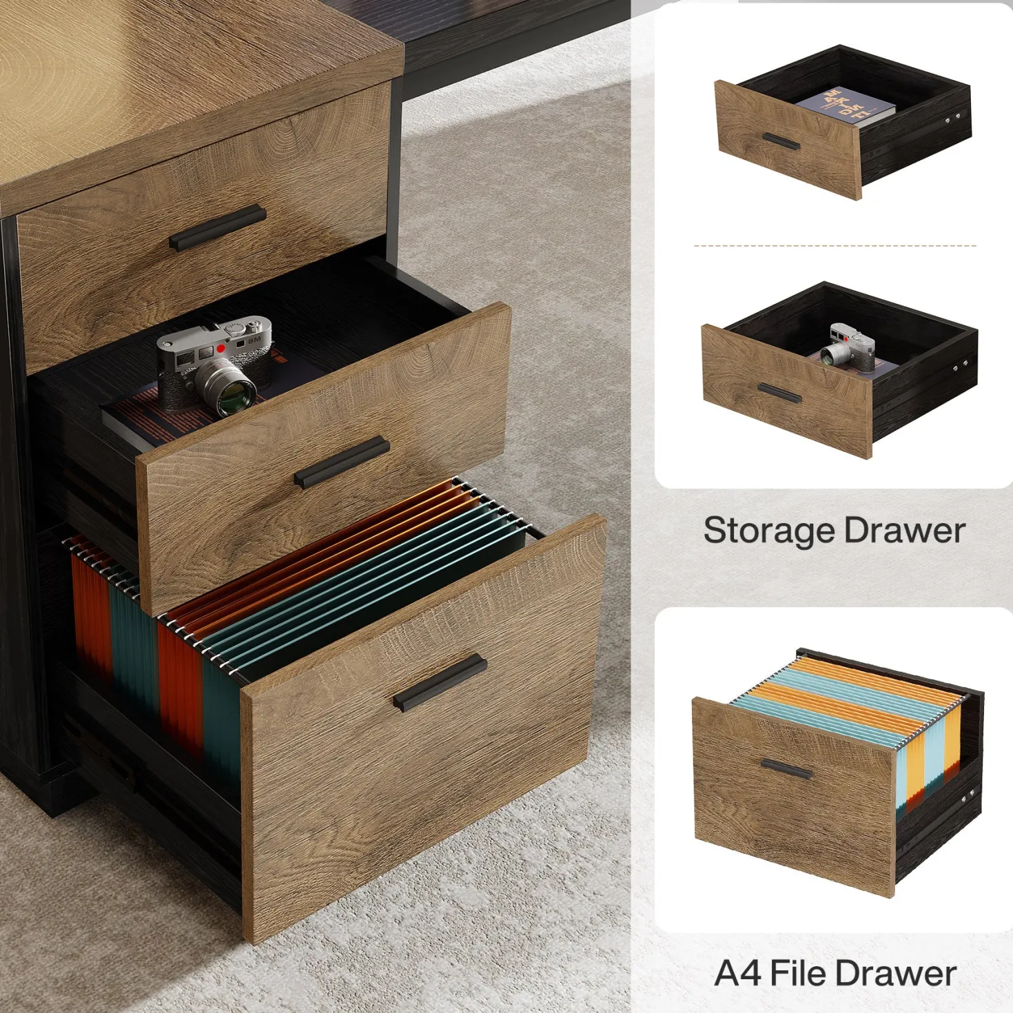 86.6" L-Shaped Executive Desk, Large Computer Desk with Drawers & 55" File Cabinet