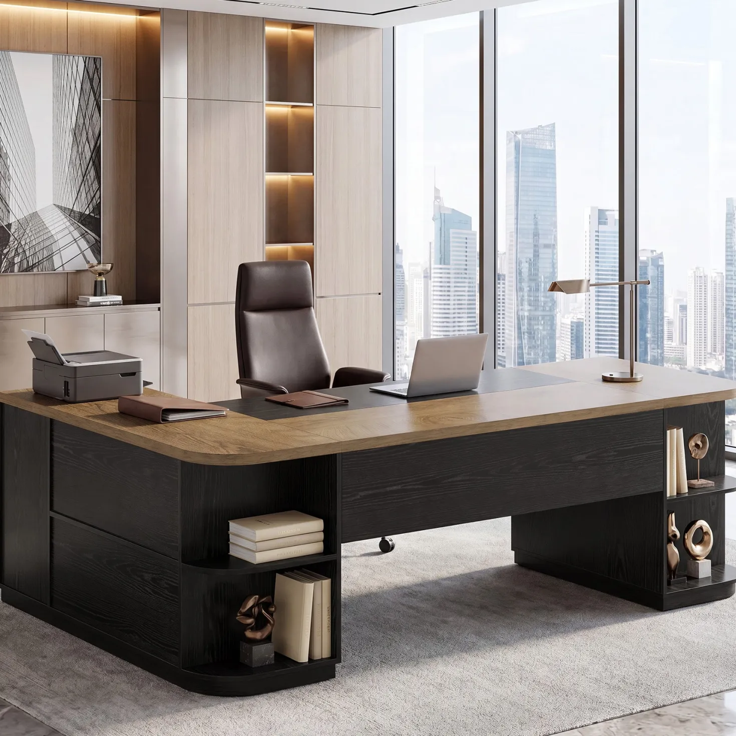 86.6" L-Shaped Executive Desk, Large Computer Desk with Drawers & 55" File Cabinet