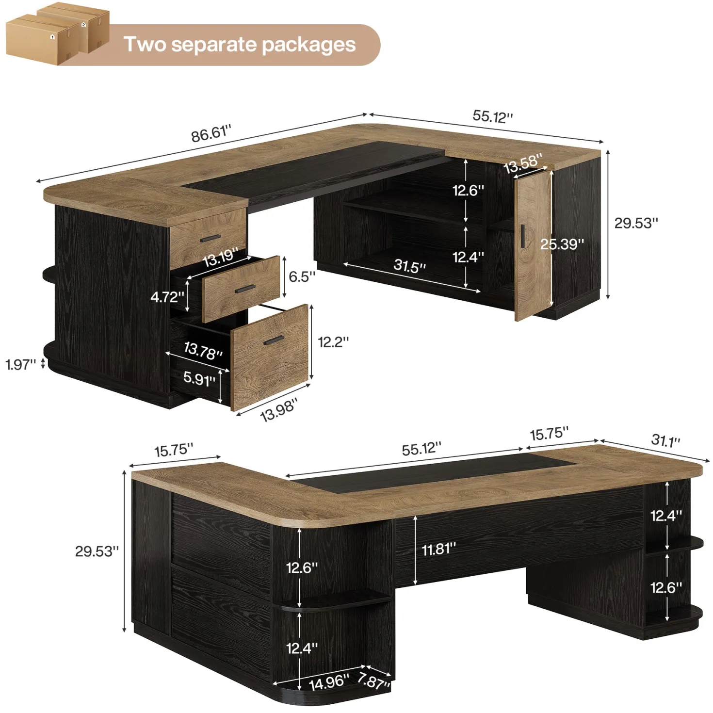 86.6" L-Shaped Executive Desk, Large Computer Desk with Drawers & 55" File Cabinet
