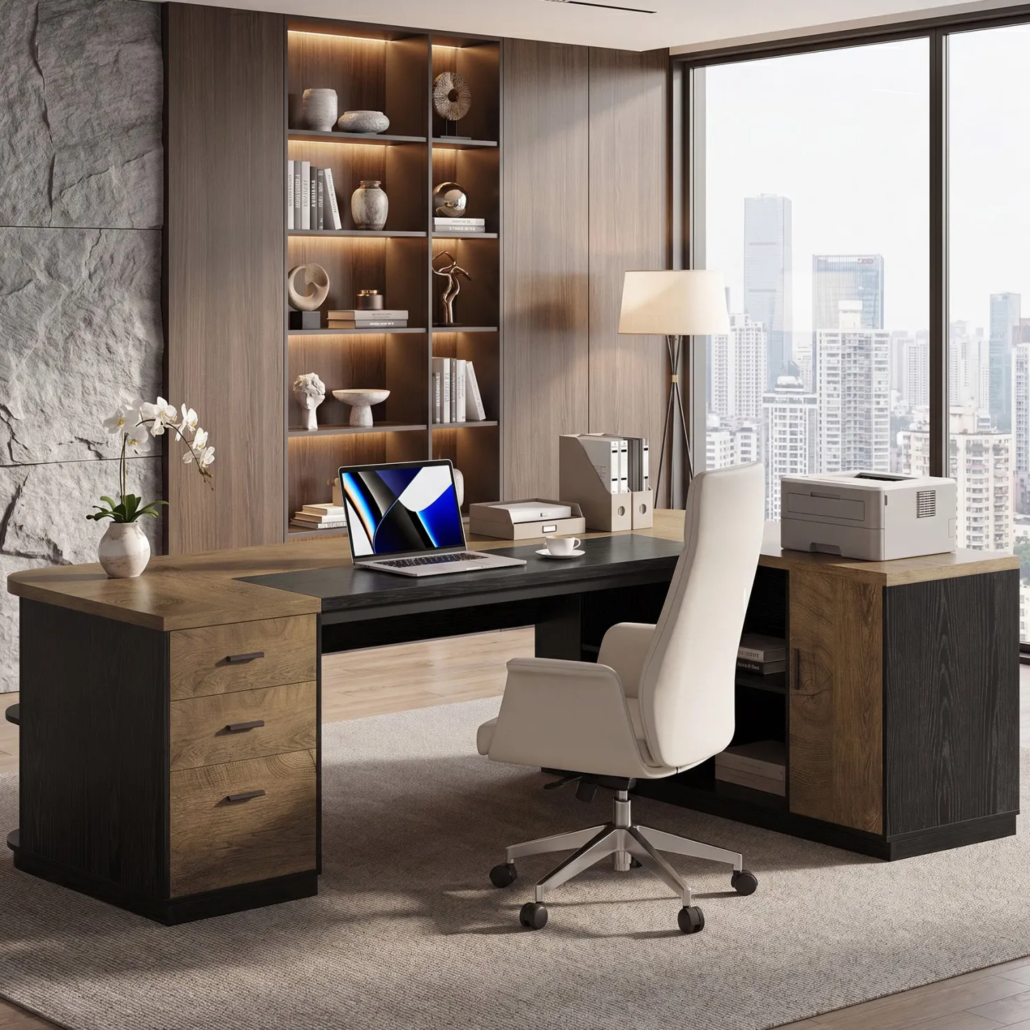 86.6" L-Shaped Executive Desk, Large Computer Desk with Drawers & 55" File Cabinet