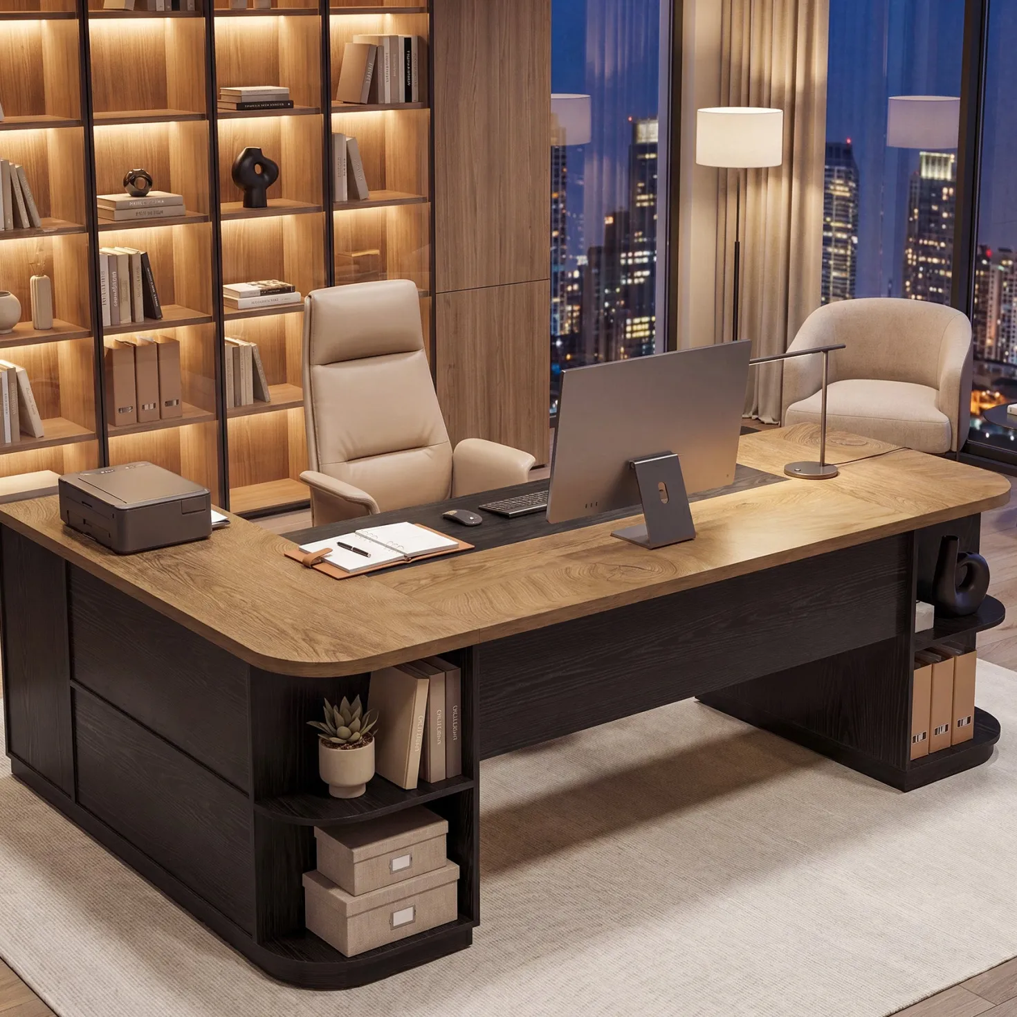 86.6" L-Shaped Executive Desk, Large Computer Desk with Drawers & 55" File Cabinet