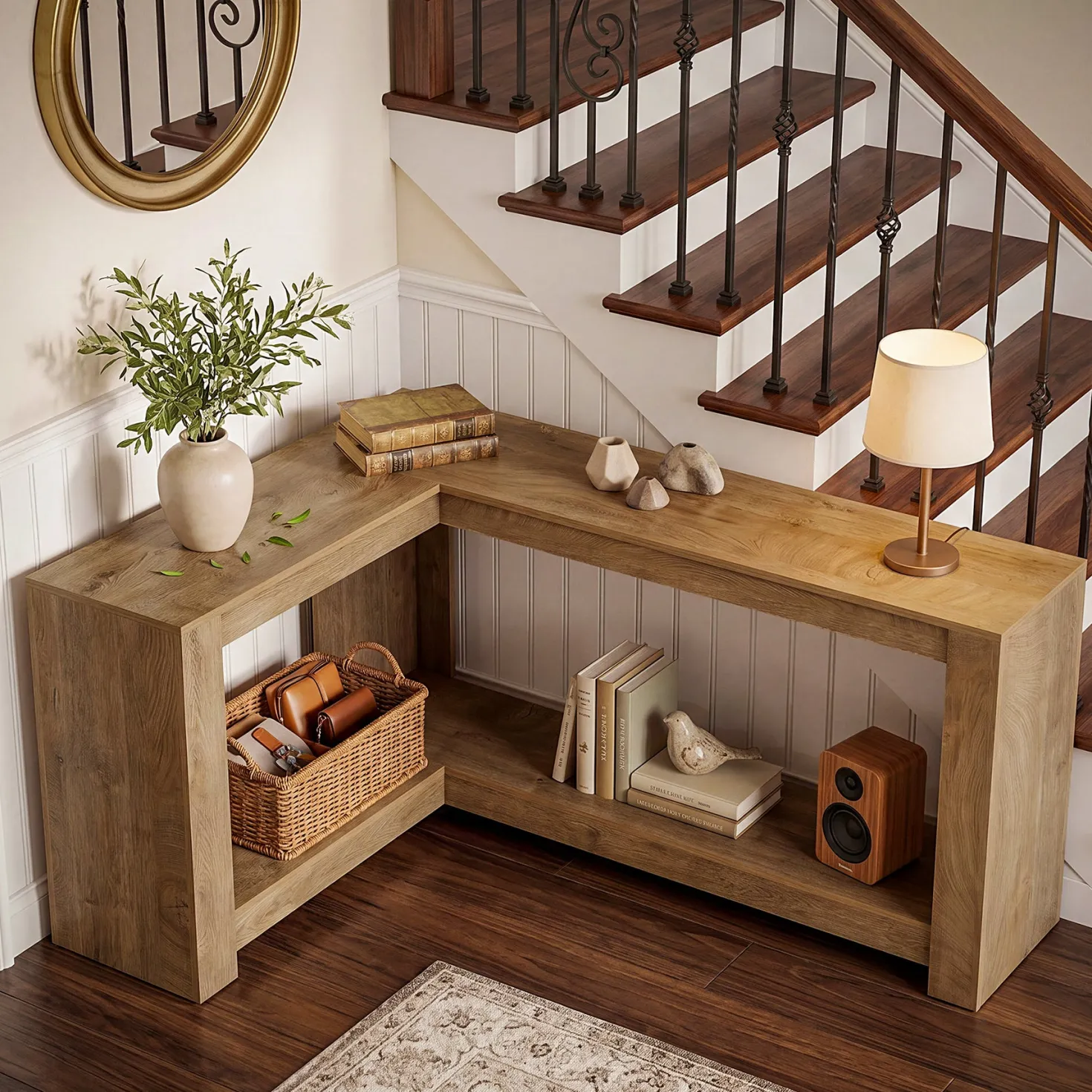 63" L-Shaped Sofa Table for Behind Couch, 2-Tier Storage Shelf for Living Room or Entryway Corner