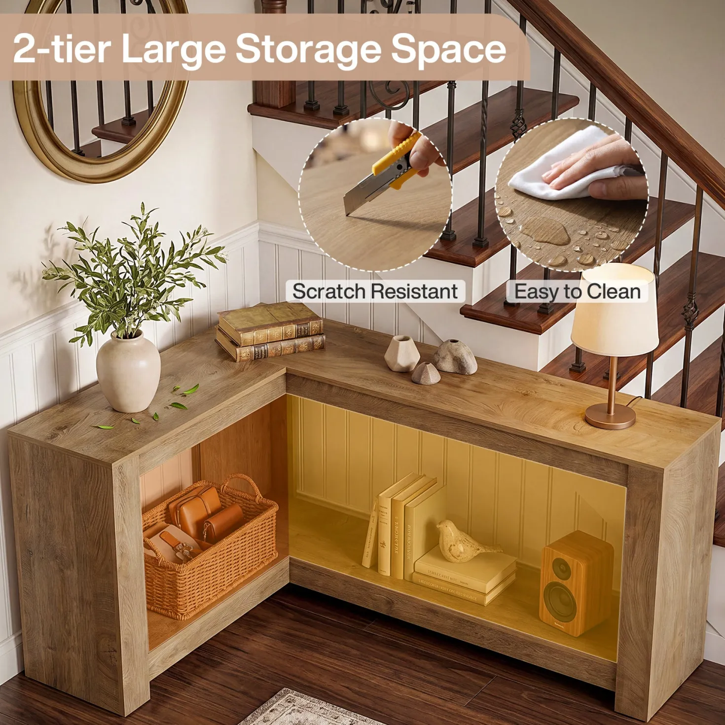 63" L-Shaped Sofa Table for Behind Couch, 2-Tier Storage Shelf for Living Room or Entryway Corner